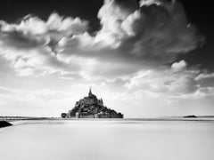 Mont Saint Michel, Panorama, huge cloud, France, black and white landscape
