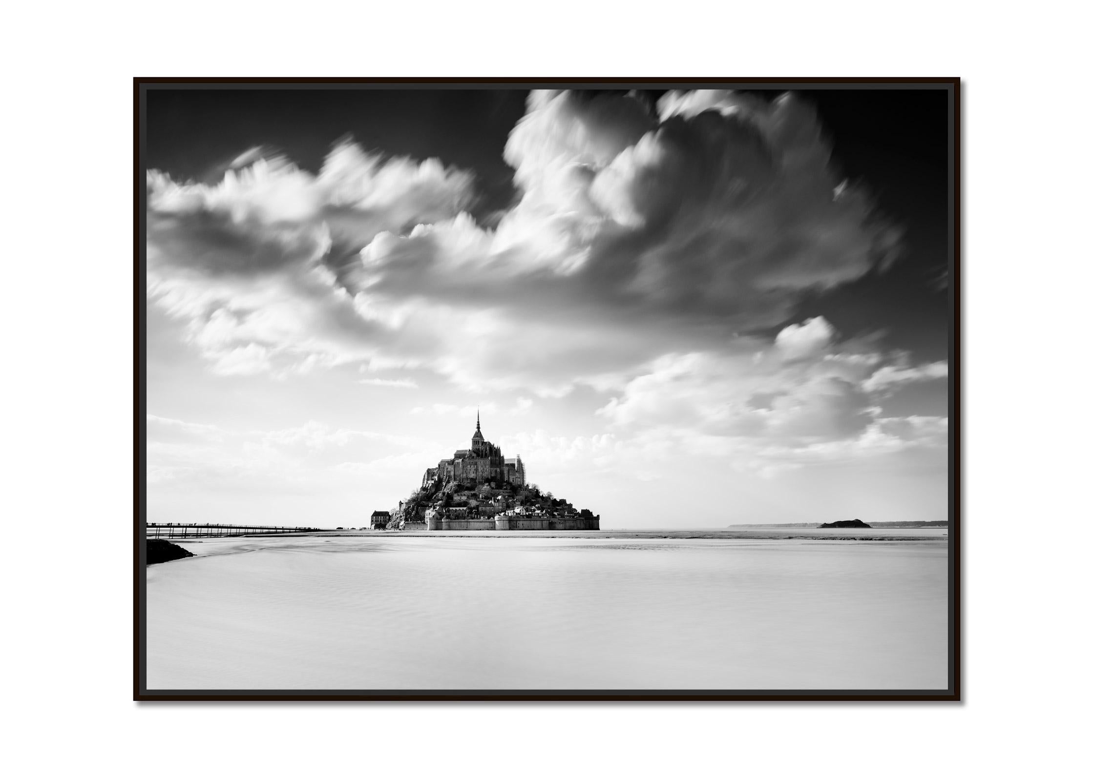 Mont Saint Michel, Panorama, huge cloud, France, black and white landscape photo - Photograph by Gerald Berghammer
