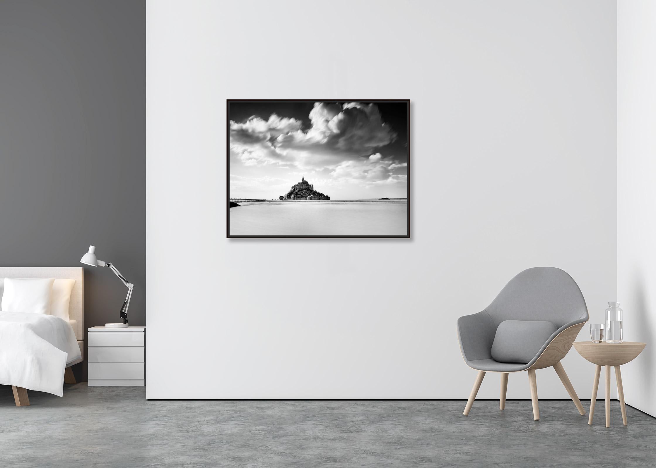 Mont Saint Michel, Panorama, huge cloud, France, black and white landscape photo - Contemporary Photograph by Gerald Berghammer