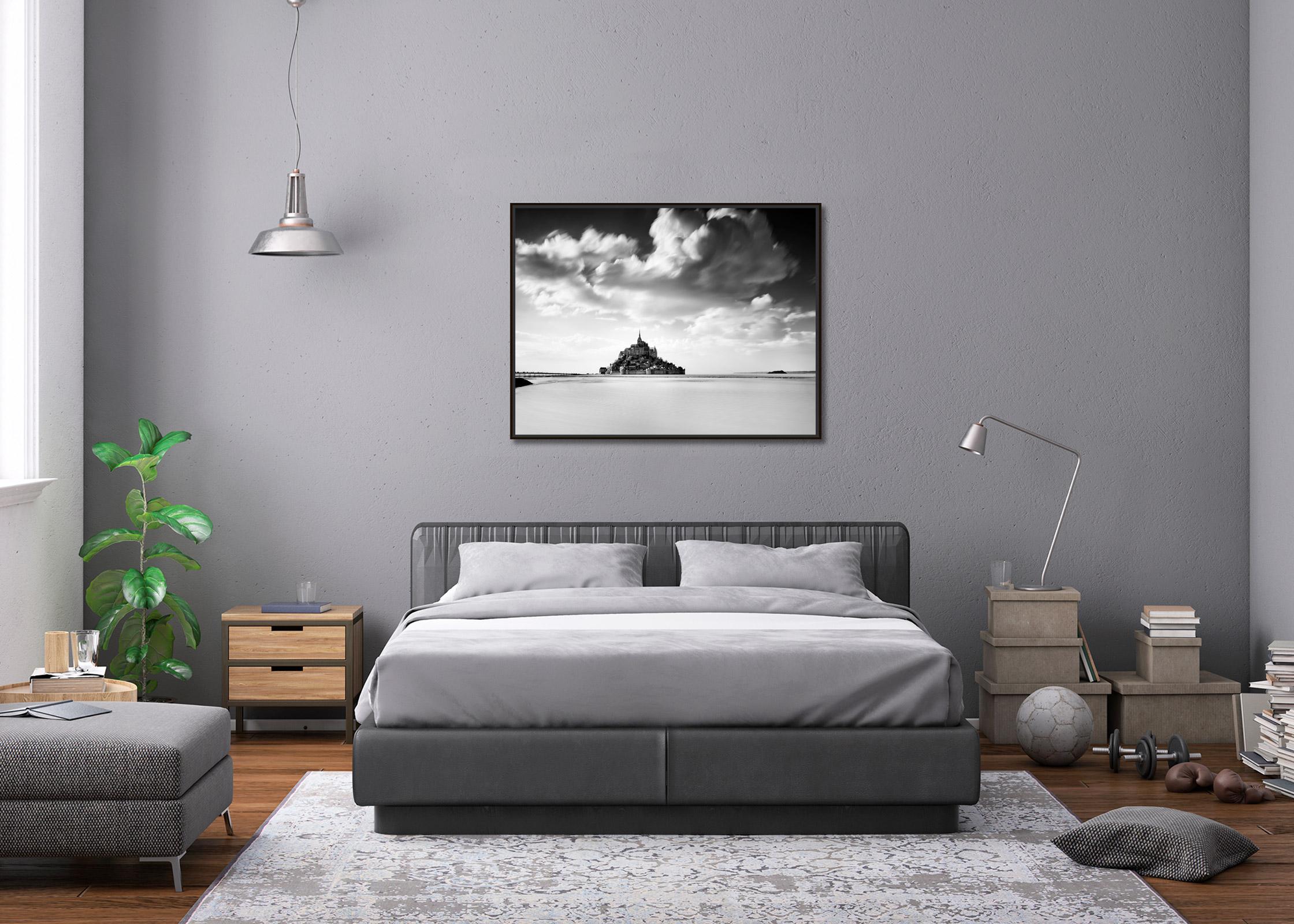 Mont Saint Michel, Panorama, huge cloud, France, black and white landscape photo For Sale 1