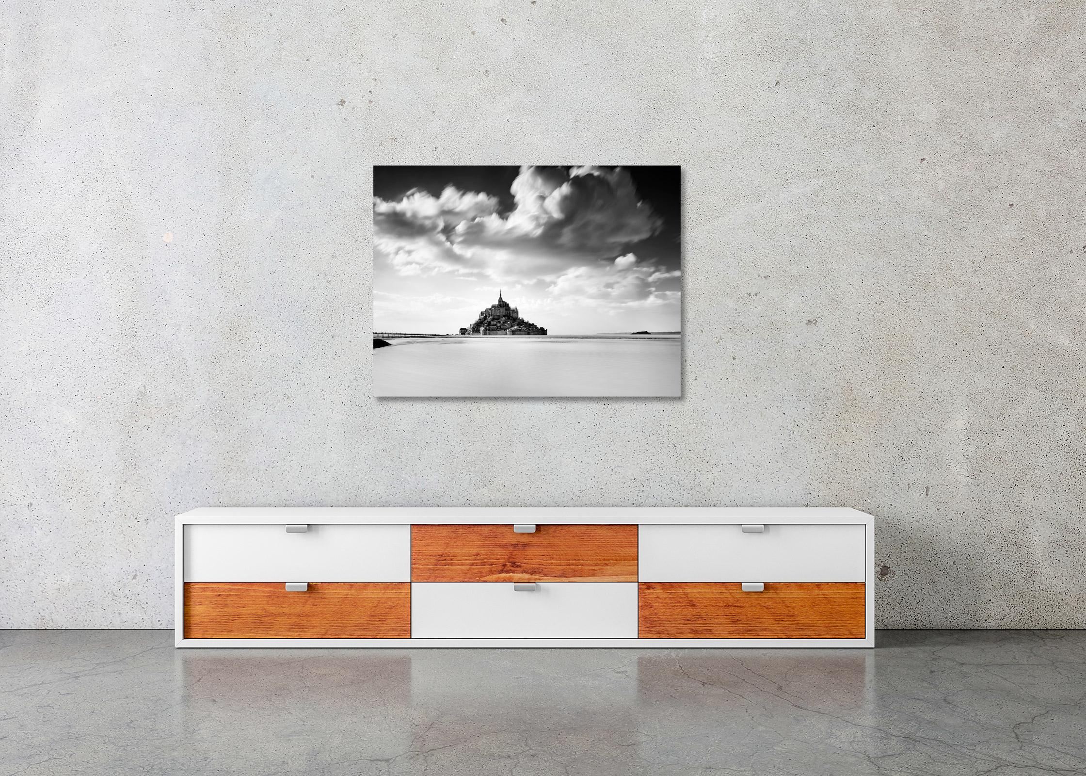 Mont Saint Michel, Panorama, huge cloud, France, black and white landscape photo For Sale 2