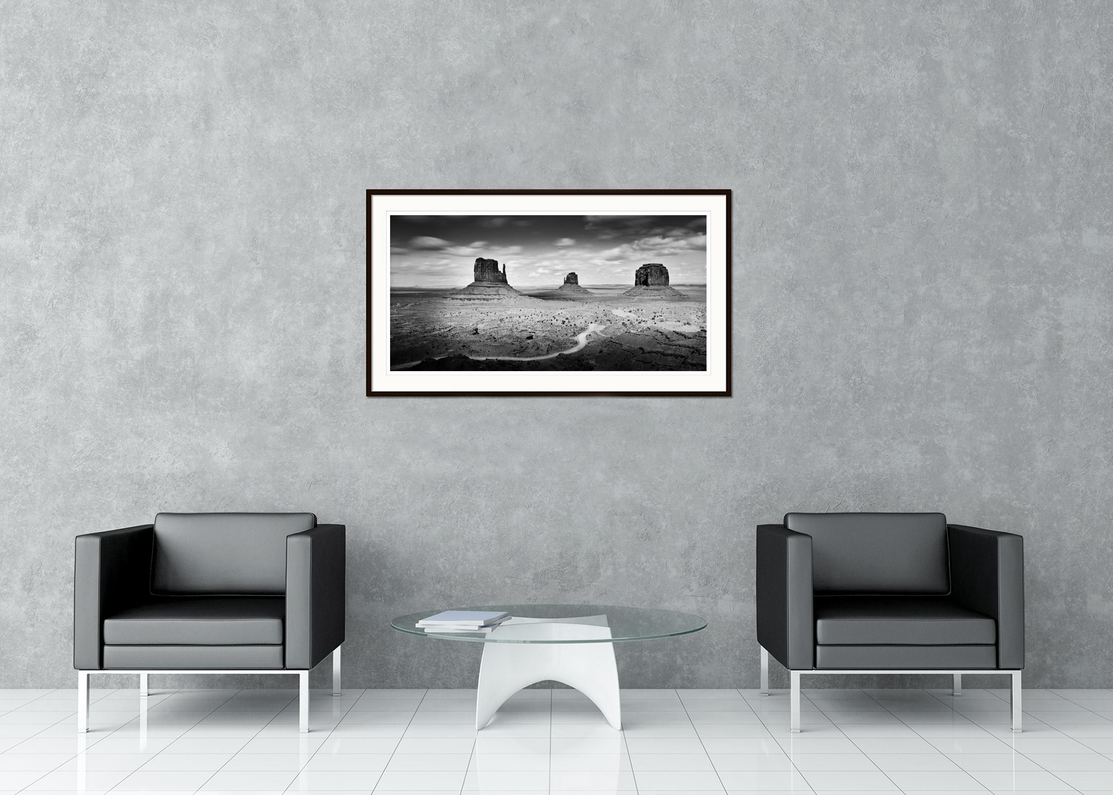 Black and White Fine Art panorama landscape photography. Monument Valley, Navajo Nation, Arizona, USA. Archival pigment ink print, edition of 9. Signed, titled, dated and numbered by artist. Certificate of authenticity included. Printed with 4cm