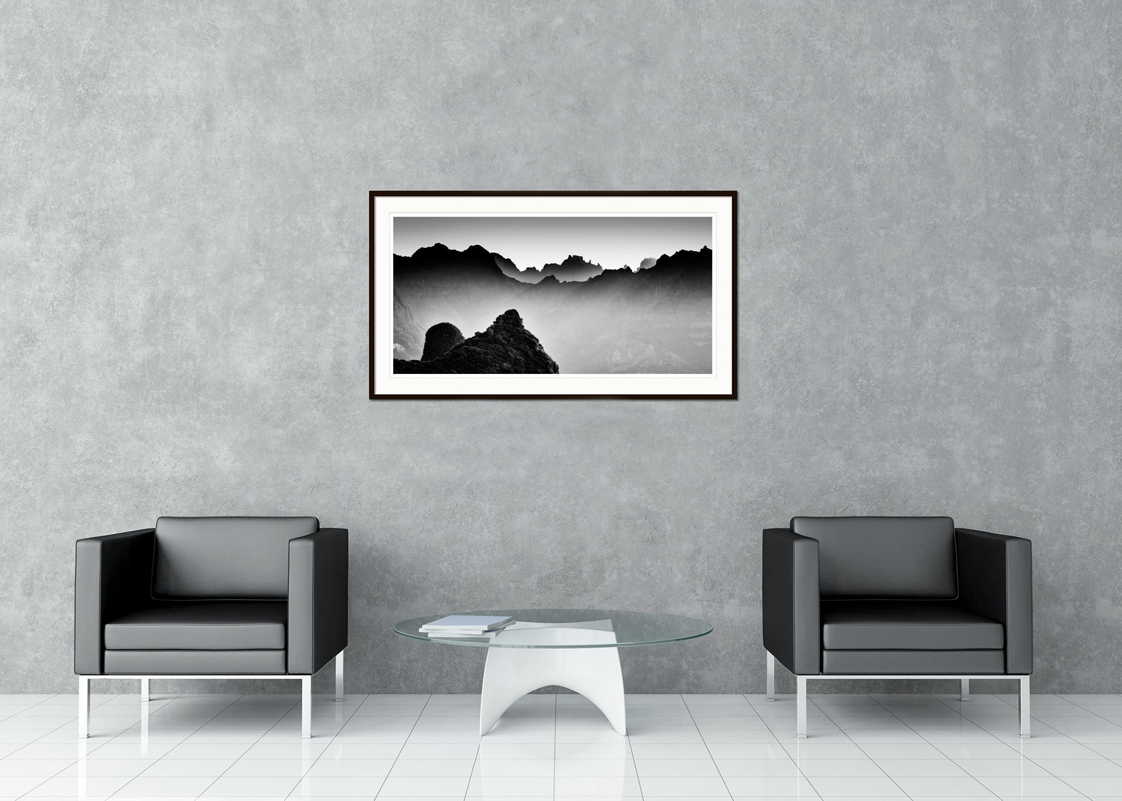 Morning Light in the Mountains, Madeira, black and white photography, landscape - Gray Black and White Photograph by Gerald Berghammer