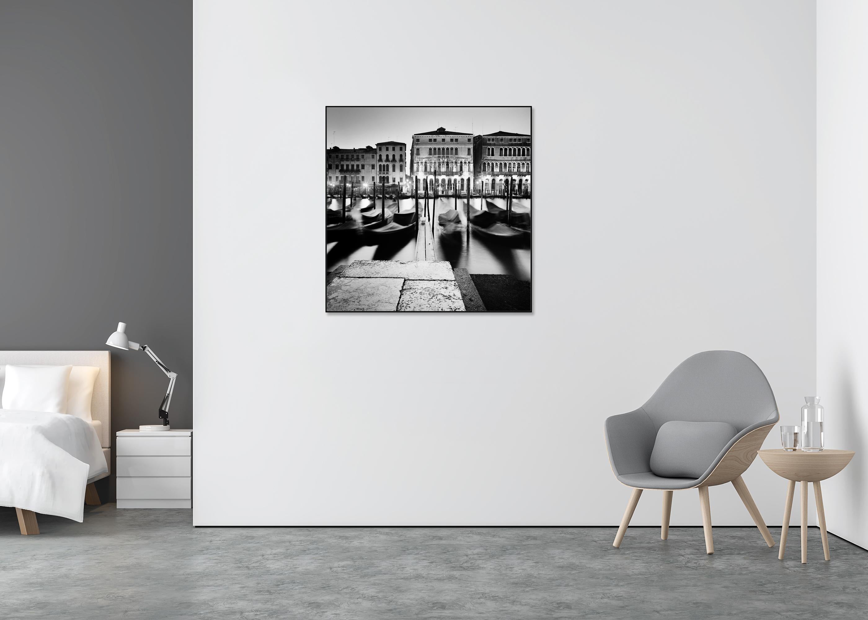 Morning Ritual, Gondola, Venice, black and white photography cityscape - Gray Landscape Photograph by Gerald Berghammer