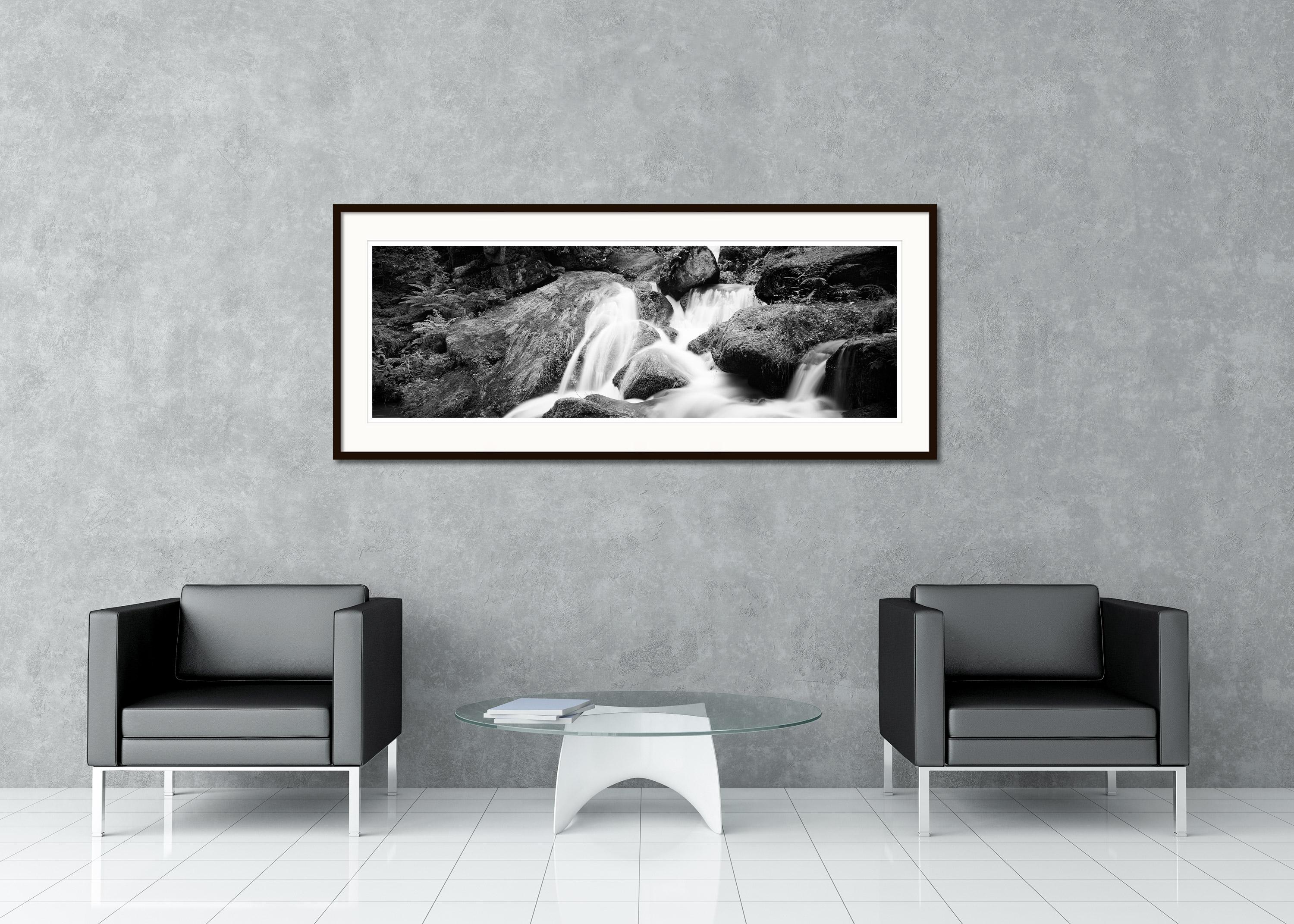Black and White Fine Art Panorama Photography - Detail of a beautiful stream with a waterfall in the mountains of Austria. Archival pigment ink print, edition of 9. Signed, titled, dated and numbered by artist. Certificate of authenticity included.