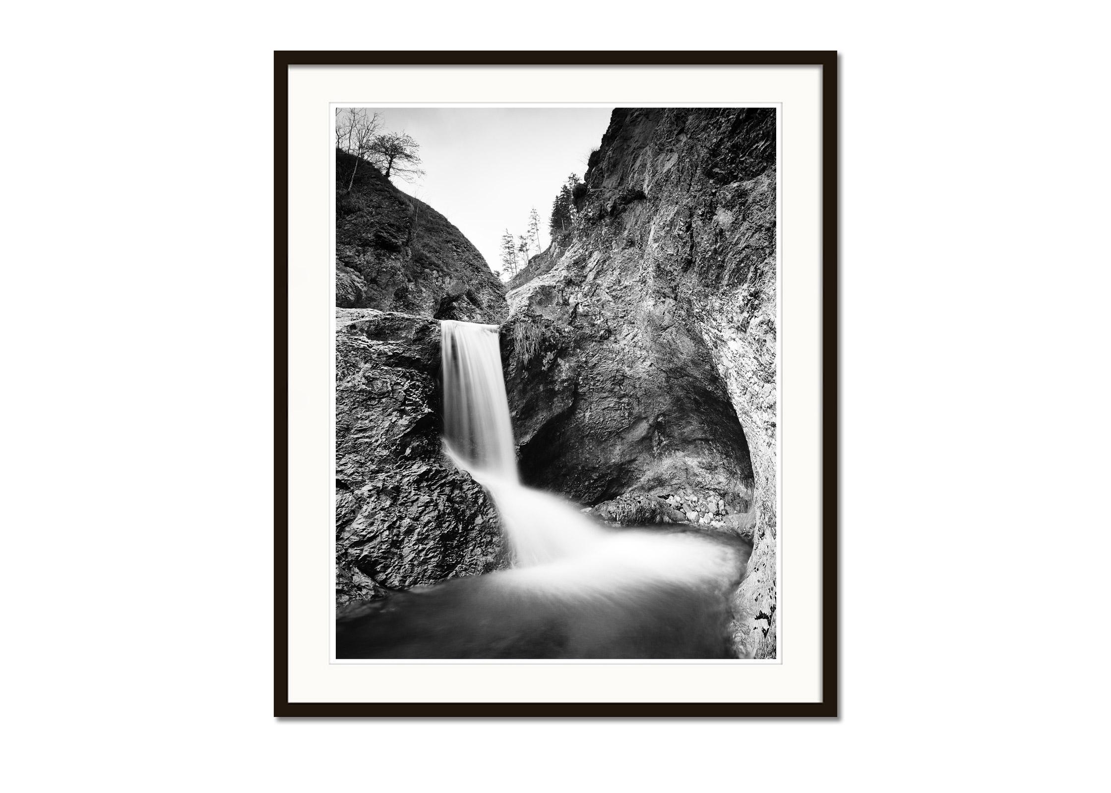 Mountain Stream, Waterfall, Austria, black and white photography, art landscape - Black Black and White Photograph by Gerald Berghammer