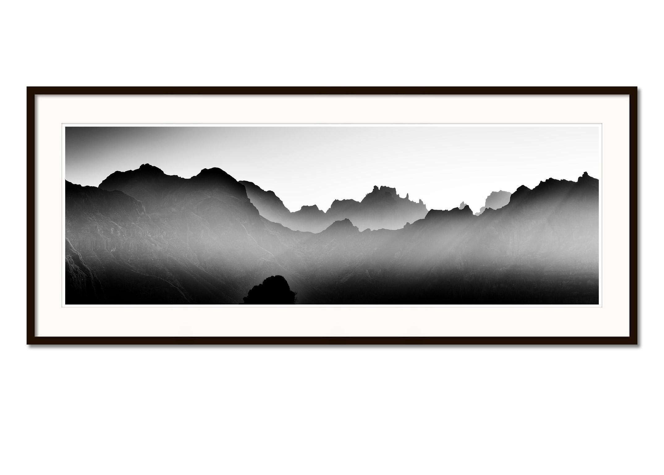 Mountains in shadow with morning light Portugal black white art print landscape - Black Landscape Photograph by Gerald Berghammer
