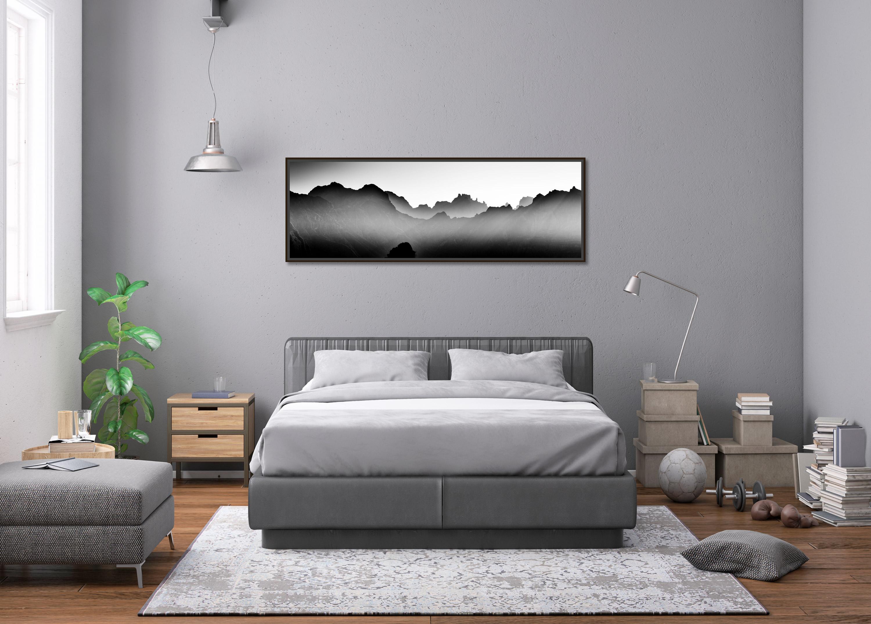 Mountains in shadow with morning light Portugal black white art print landscape For Sale 1