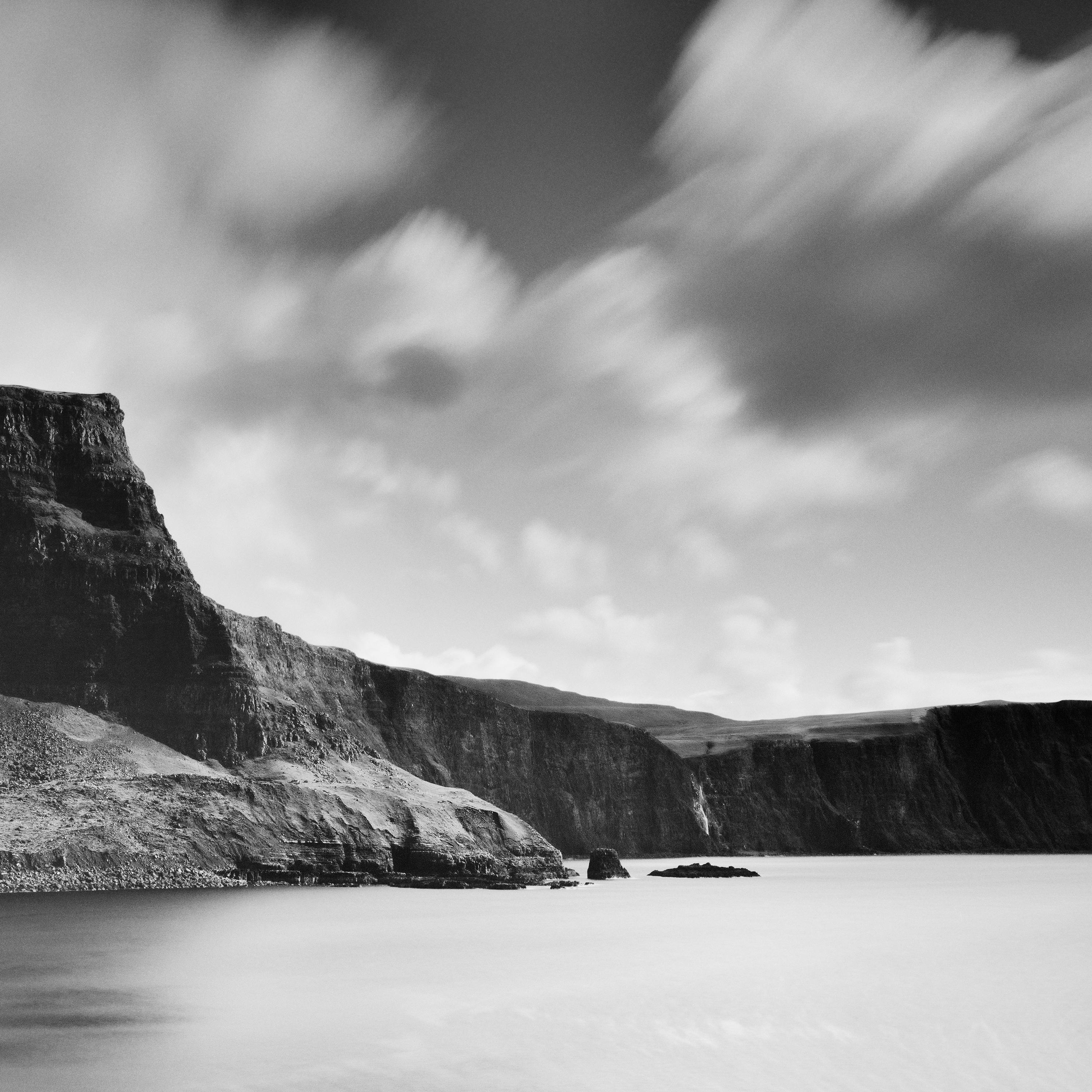 Neist Point Panorama cliff clouds shoreline Scotland black white landscape photo For Sale 1
