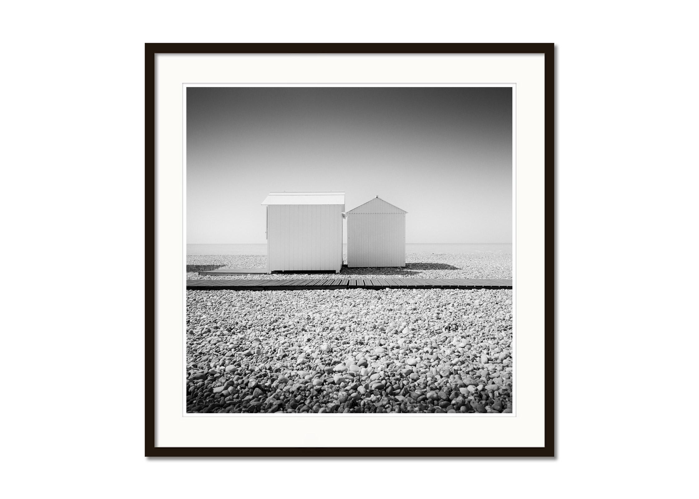 Normandy Beach Huts, France, black and white fine art landscape photography - Gray Black and White Photograph by Gerald Berghammer