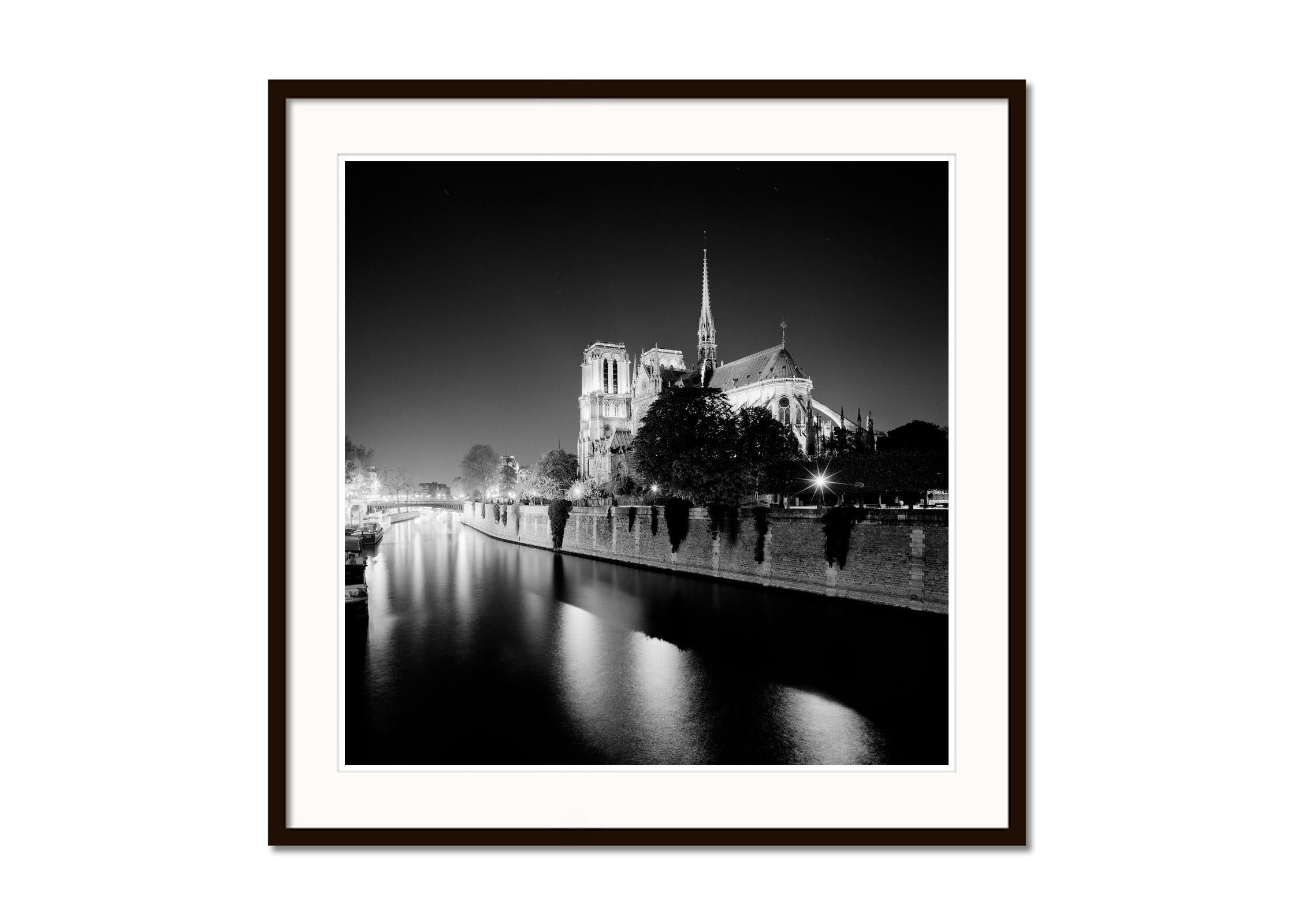 Notre Dame Cathedral Night Paris France black and white cityscape photography - Black Black and White Photograph by Gerald Berghammer