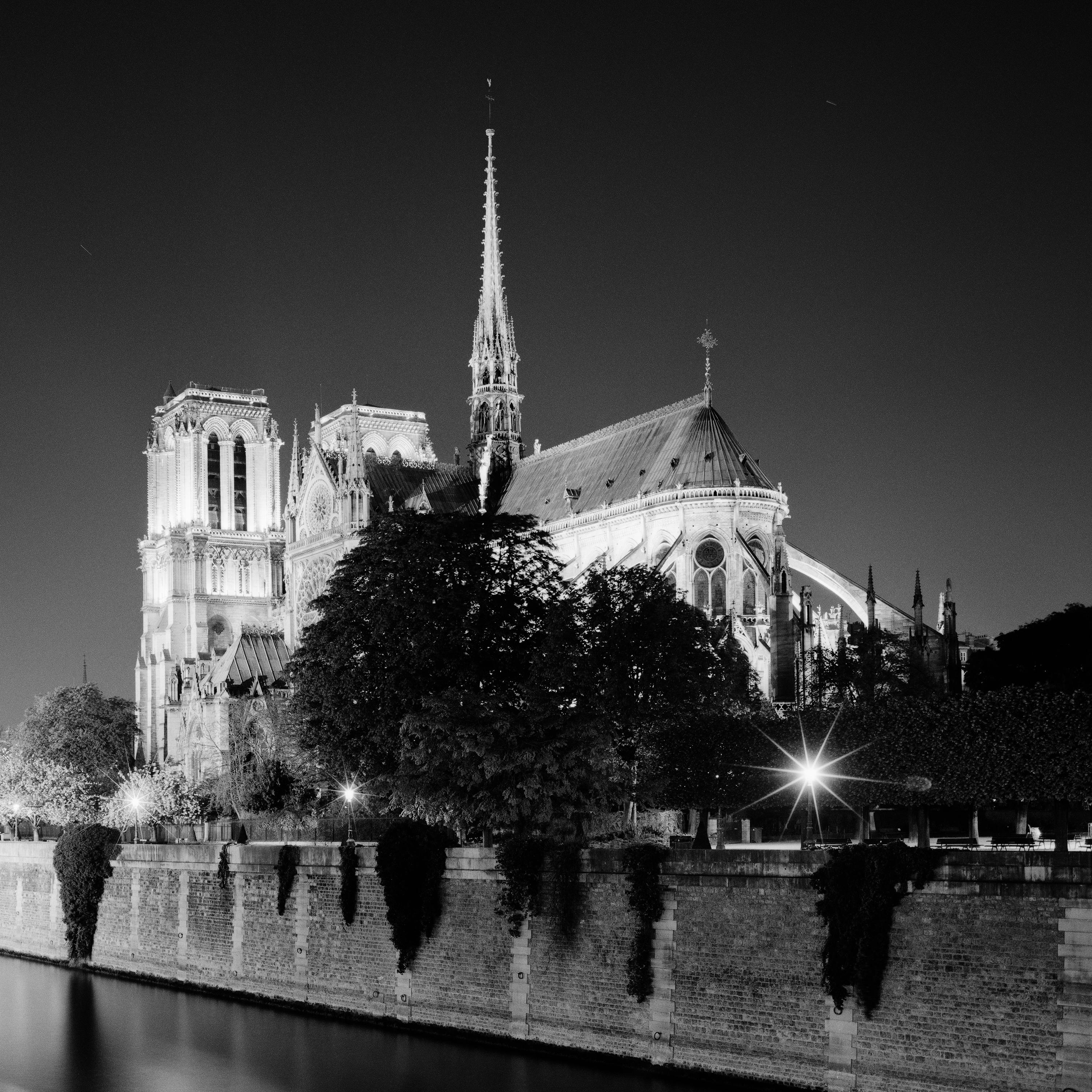 Notre Dame Cathedral Night Paris France black and white cityscape photography For Sale 3