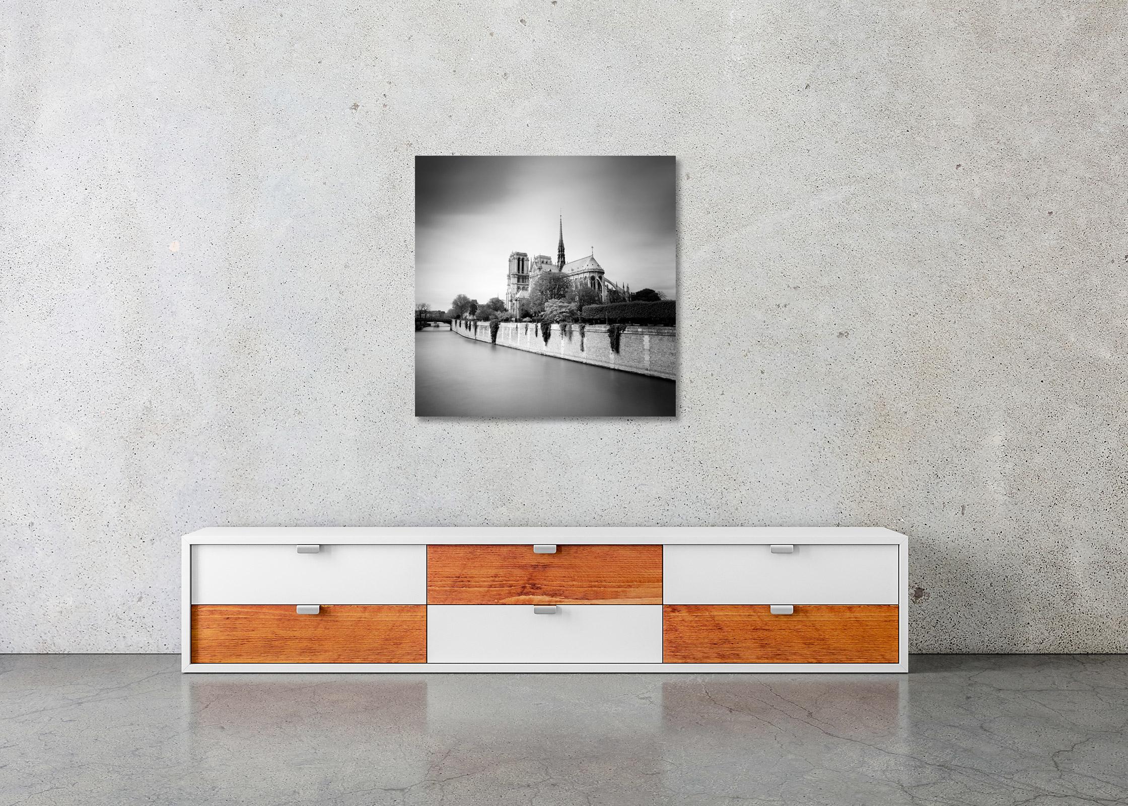 Notre Dame, Daylight, Seine, Paris France, black and white landscape photography For Sale 1