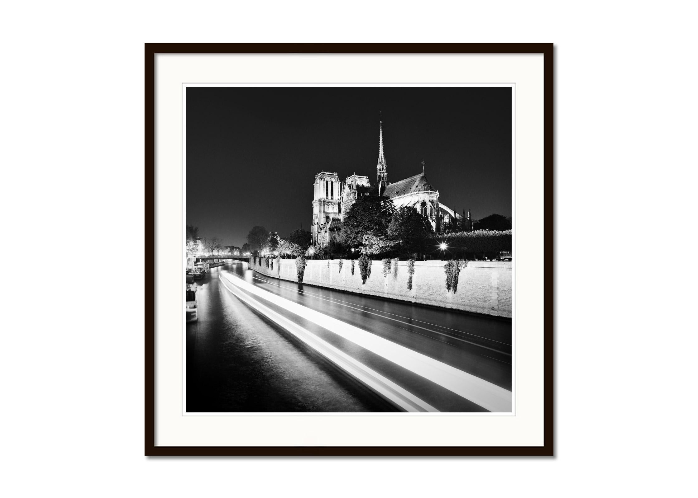 Notre Dame, night, Paris, France, black and white fine art cityscape photography - Black Landscape Photograph by Gerald Berghammer
