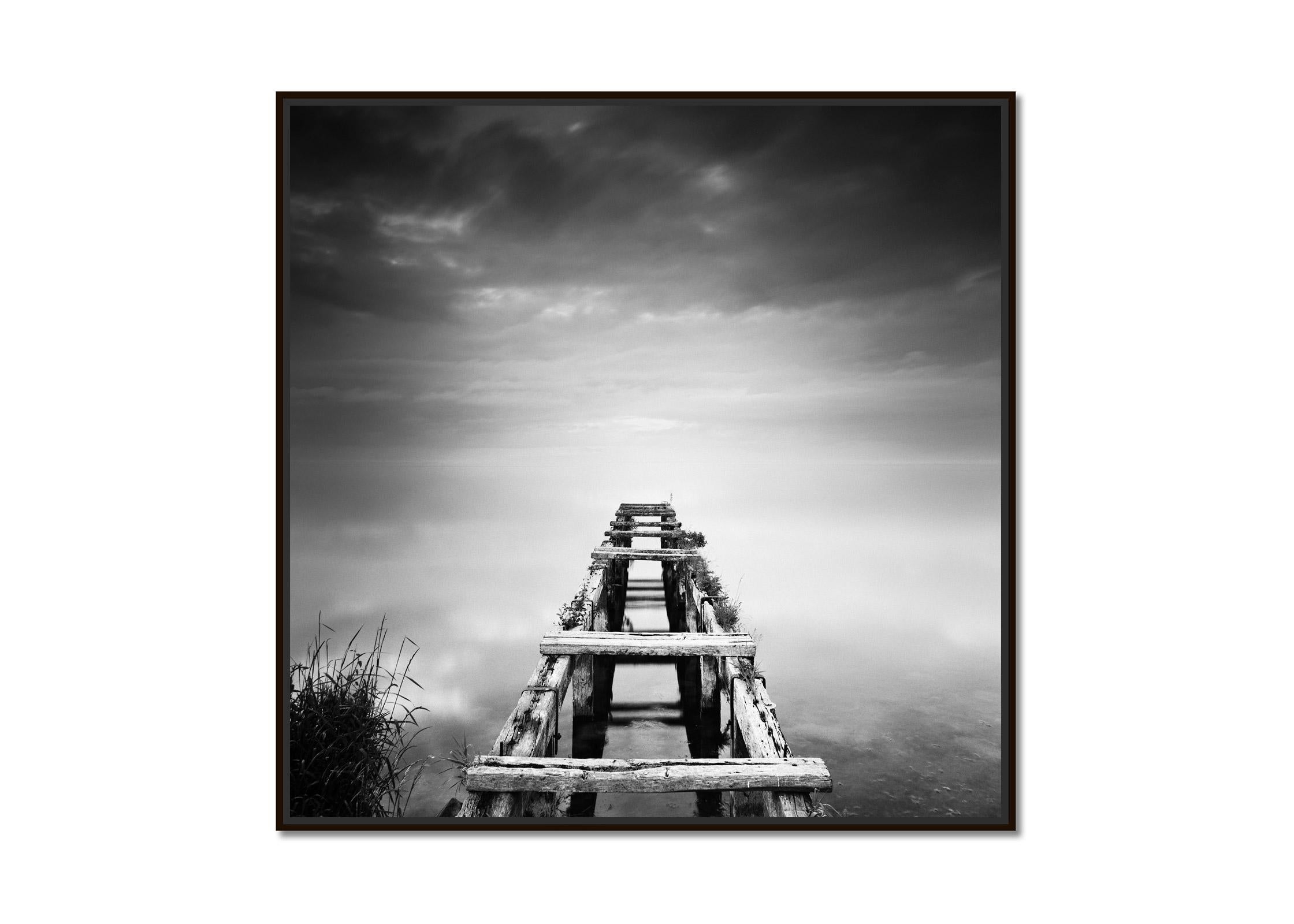 Abandoned Pier, foggy, sunset, Ireland, black and white seascape art photography - Photograph by Gerald Berghammer