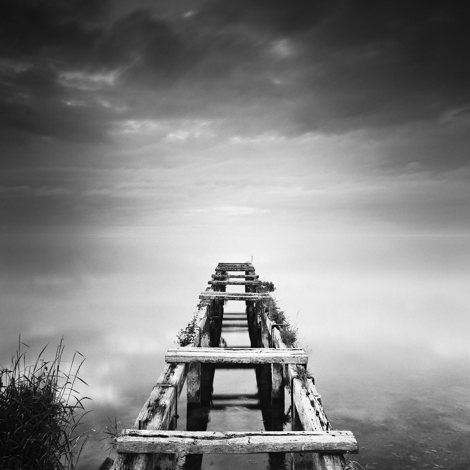 Abandoned Pier, foggy, sunset, Ireland, black and white seascape art photography