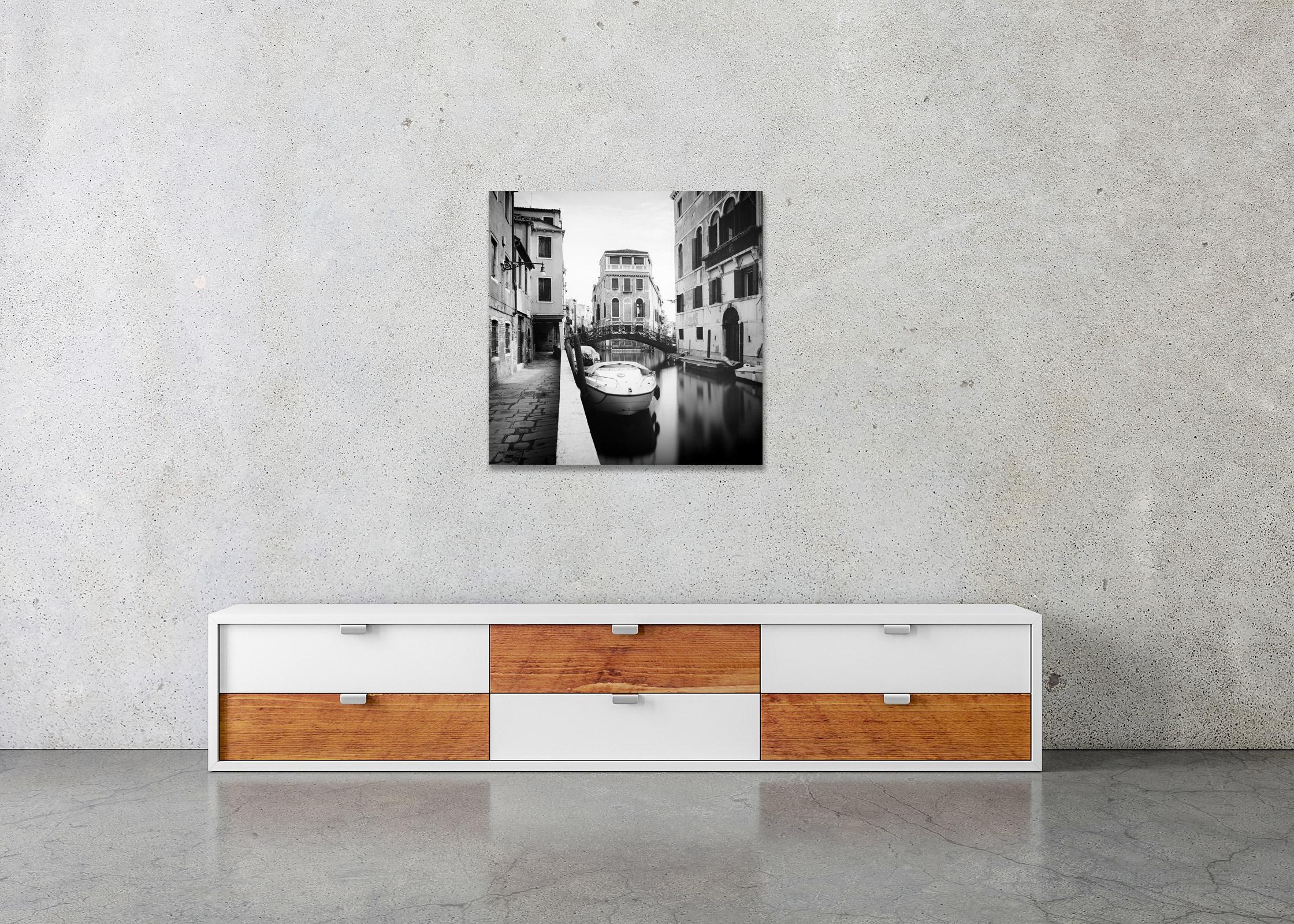 Old wrought Iron Bridge, Venice, Italy, black and white cityscape photography For Sale 3
