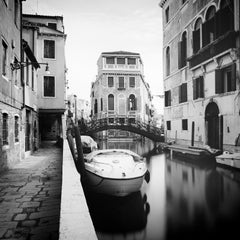 Old wrought iron bridge, Venice, Italy, black and white photography, cityscape
