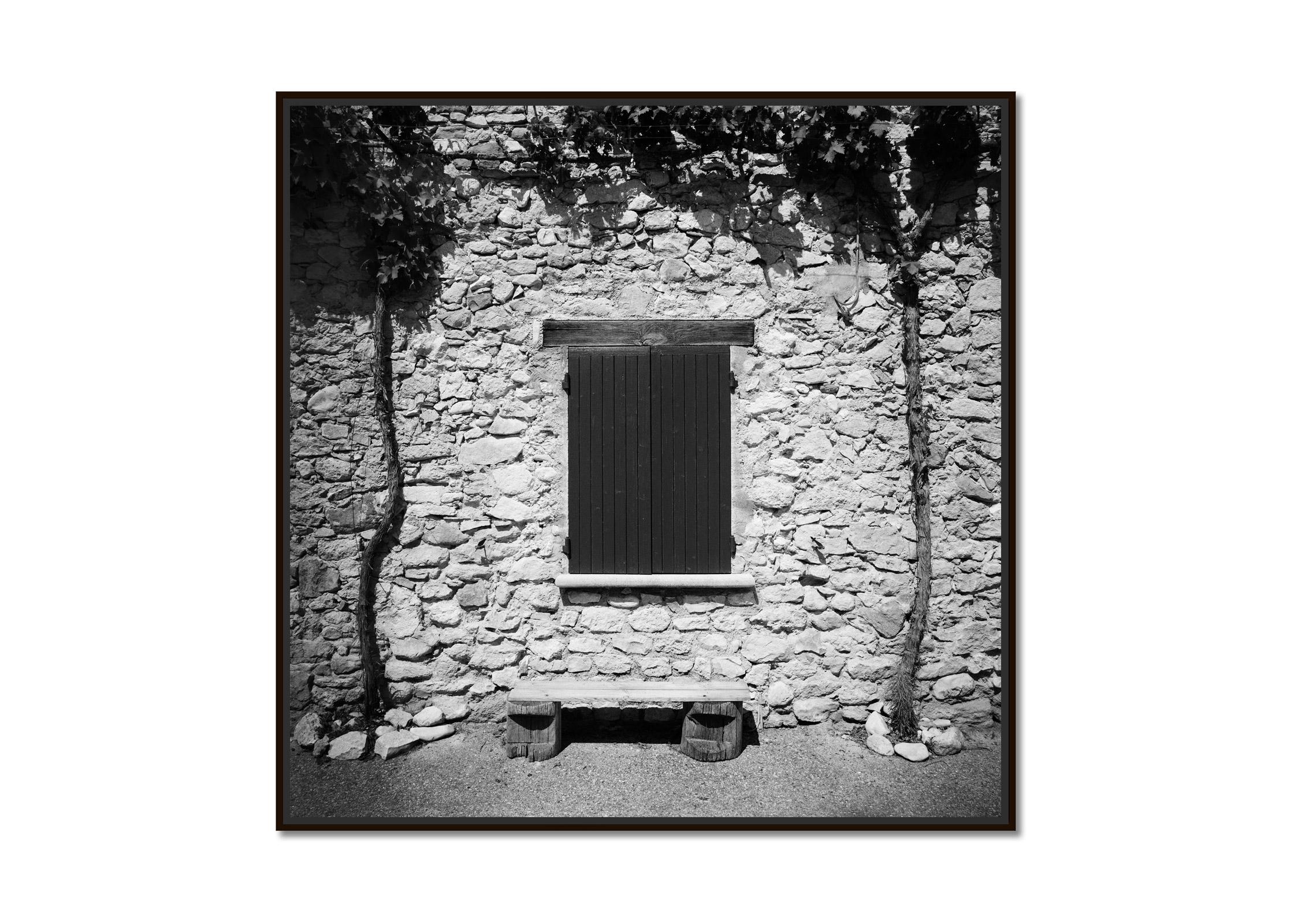 Omas Bench, stone House, France, black and white landscape, fine art photography - Photograph by Gerald Berghammer