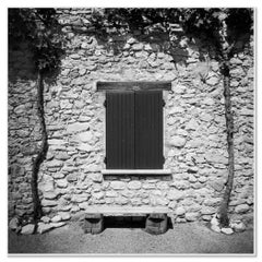 Omas Bench, stone House, France, black and white landscape, fine art photography