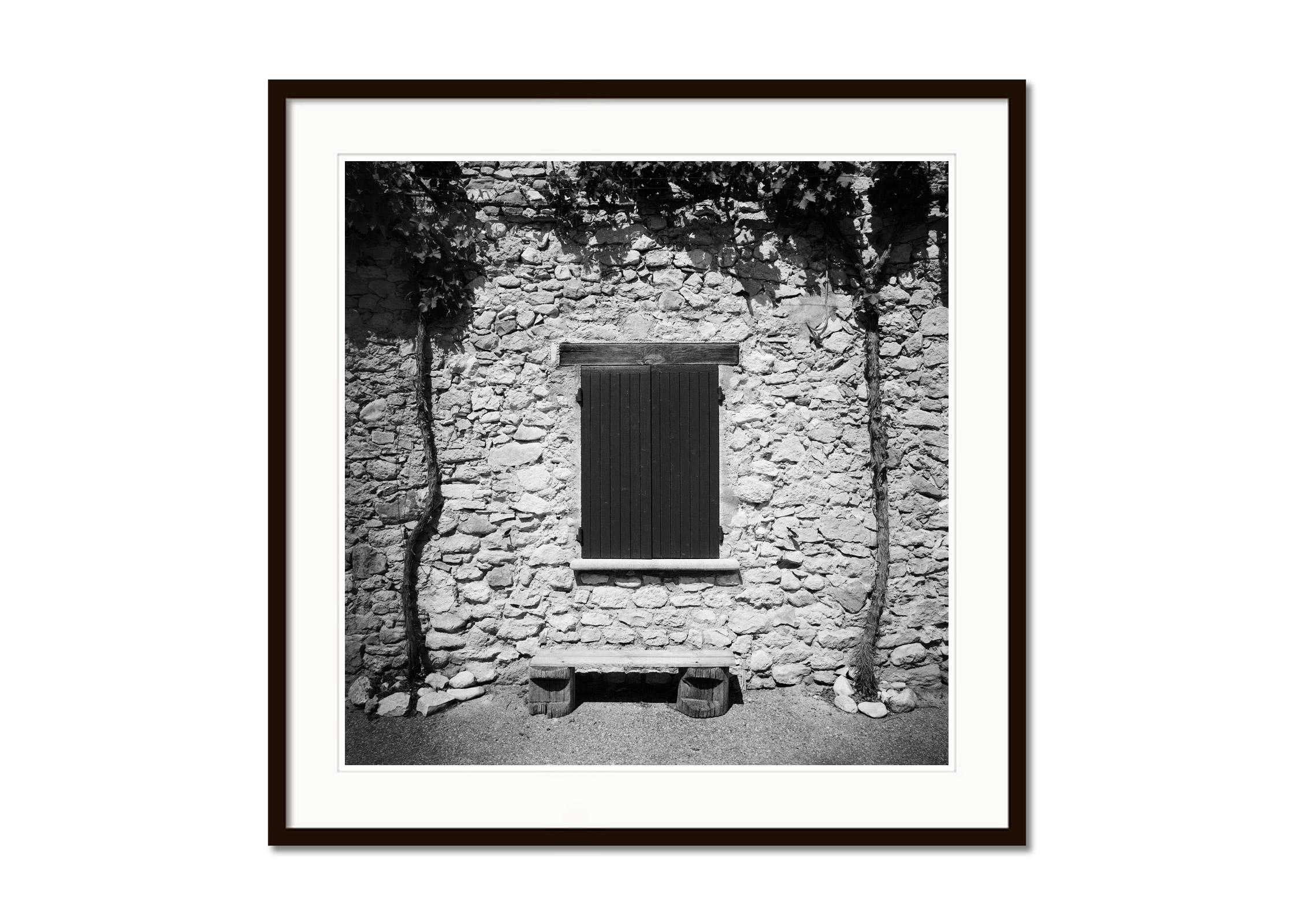 Omas Bench, stone House, France, black and white landscape, fine art photography - Contemporary Photograph by Gerald Berghammer