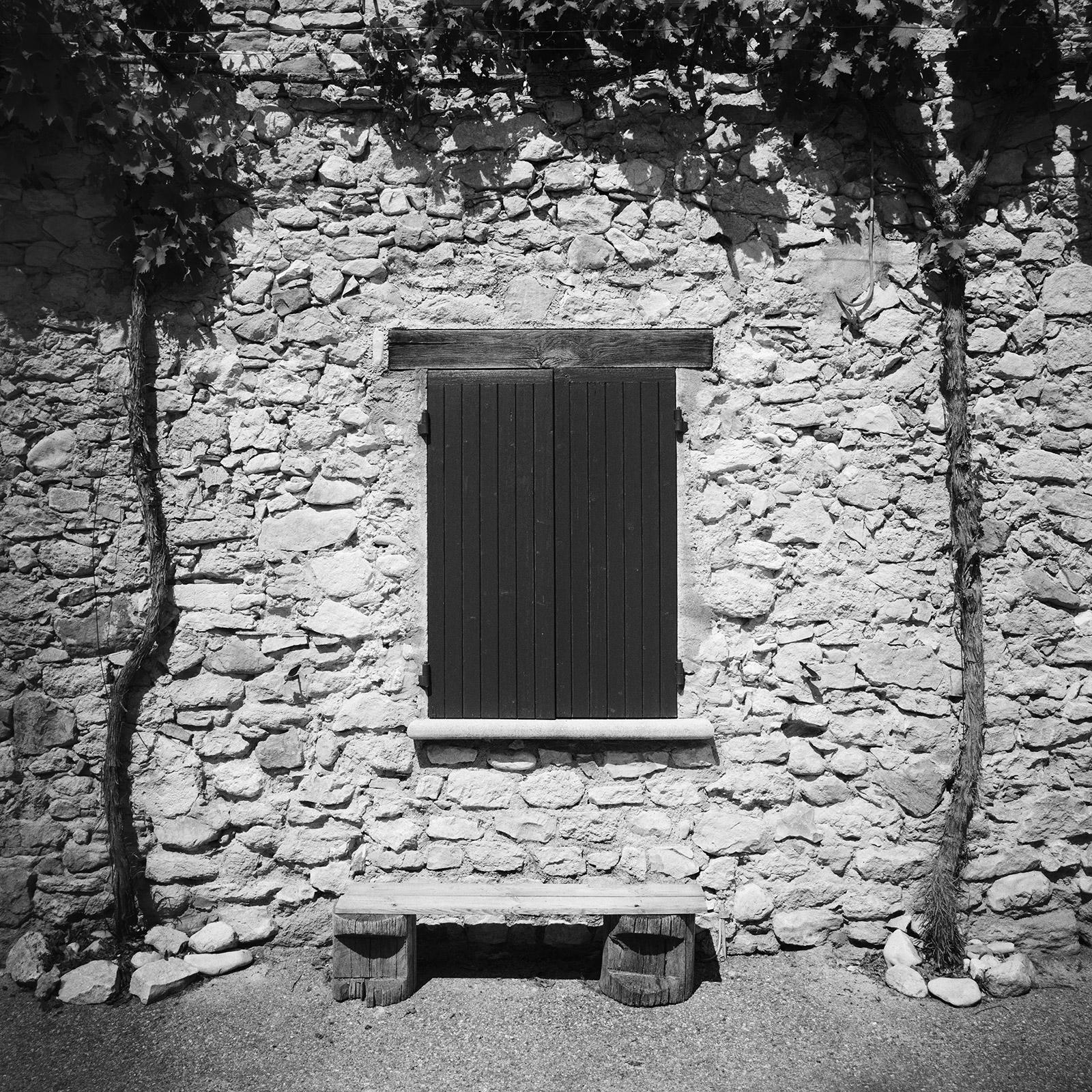 Gerald Berghammer Landscape Photograph - Omas Bench, stone House, France, black and white landscape, fine art photography