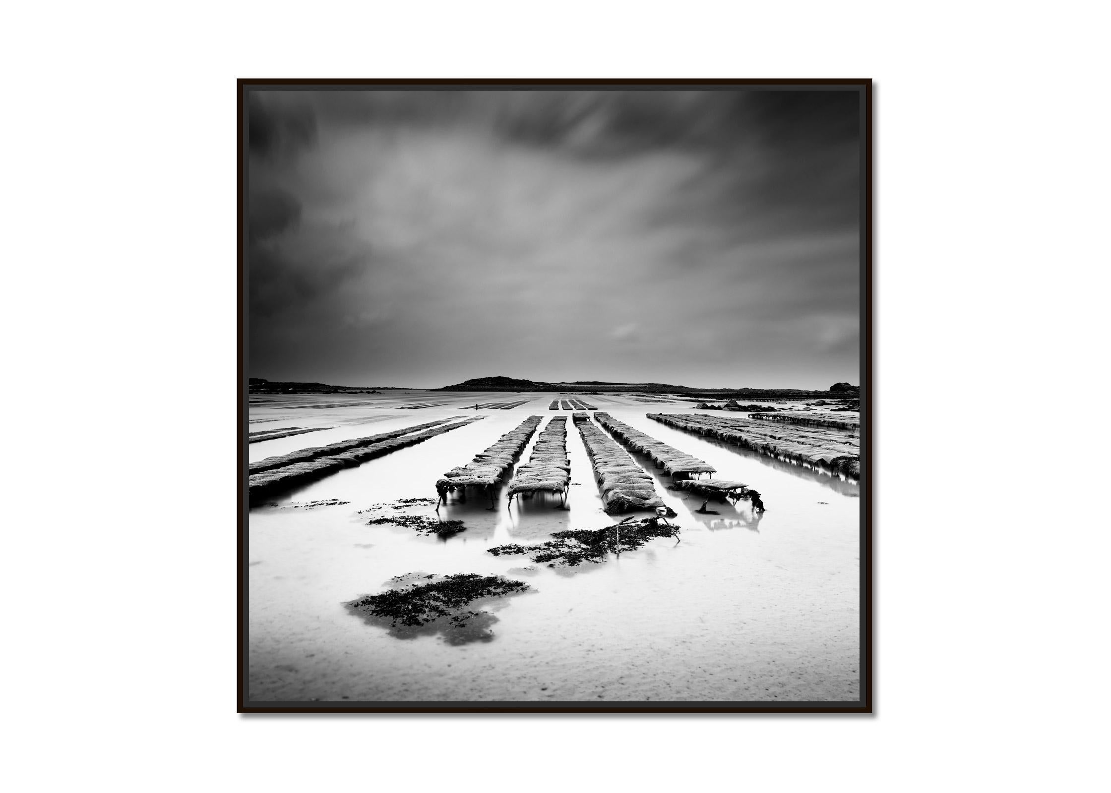 Oyster Farm, Atlantic Coast, France, black and white photography, art seascape - Photograph by Gerald Berghammer