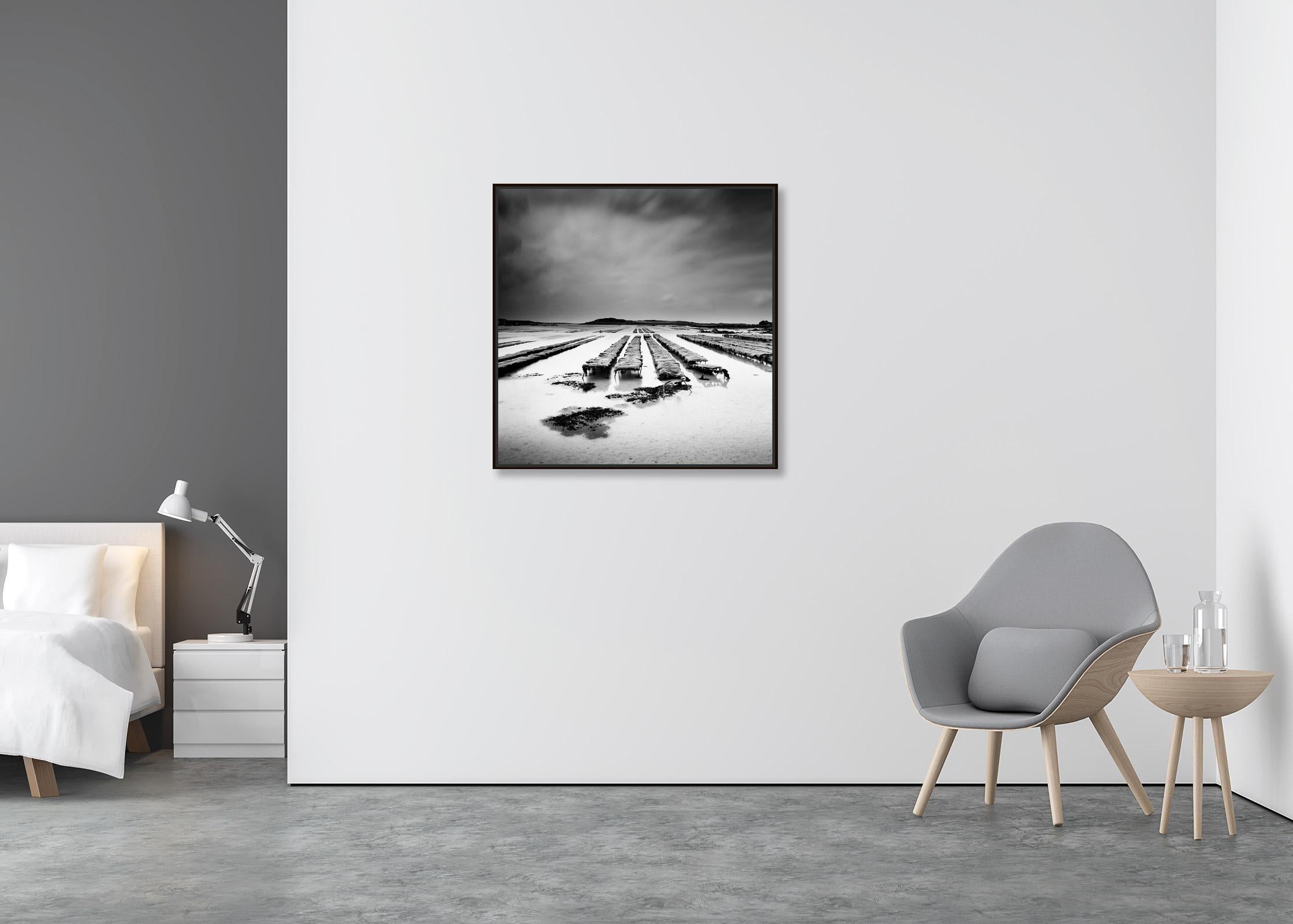 Oyster Farm, Atlantic Coast, France, black and white photography, art seascape - Contemporary Photograph by Gerald Berghammer