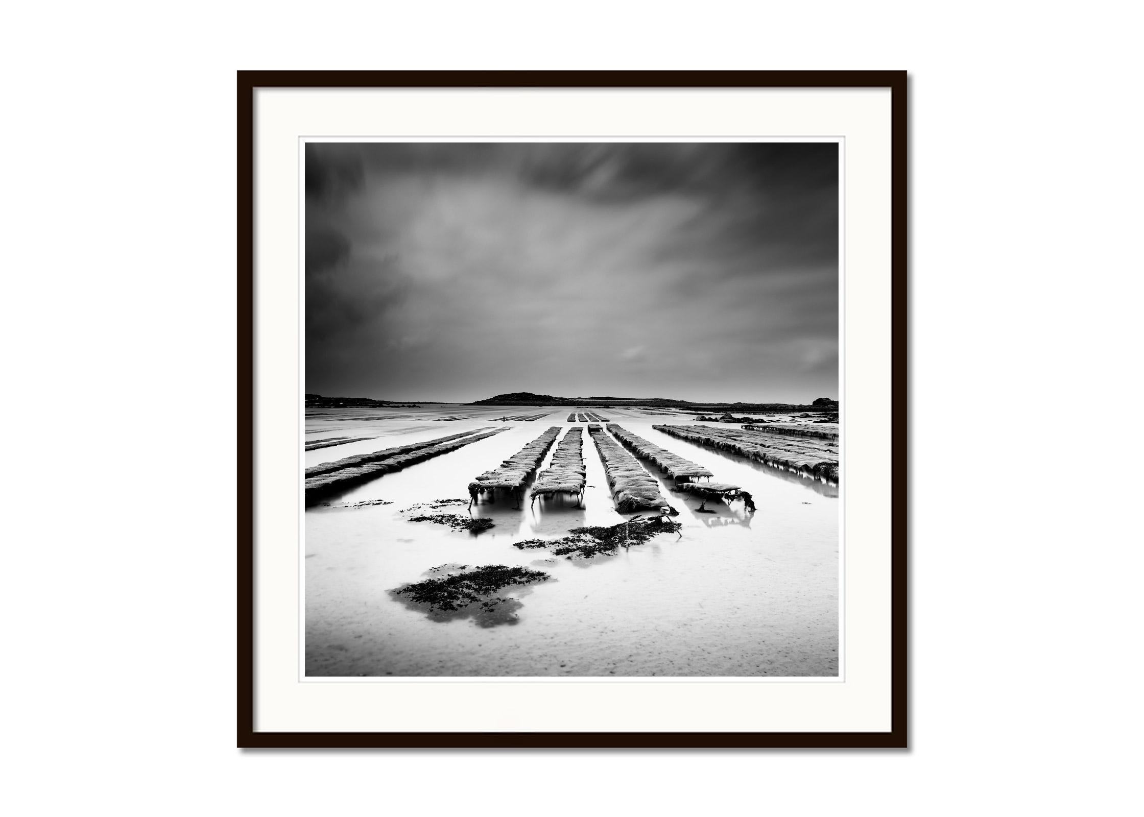 Oyster Farm, Atlantic Coast, France, black and white photography, art seascape - Gray Black and White Photograph by Gerald Berghammer