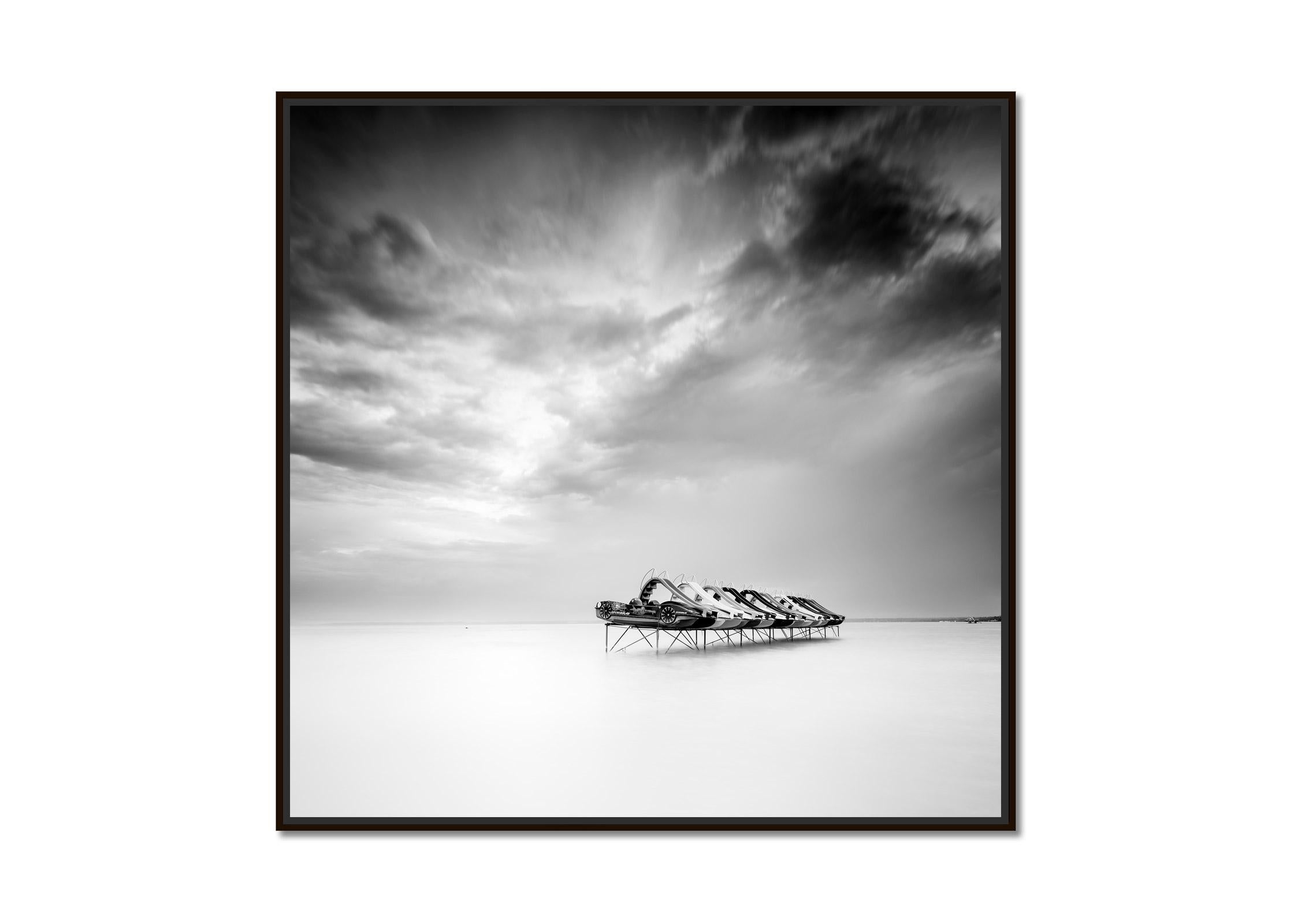 Pedal Boat, storm, Balaton, Hungary, black and white lakescape art photography - Photograph by Gerald Berghammer