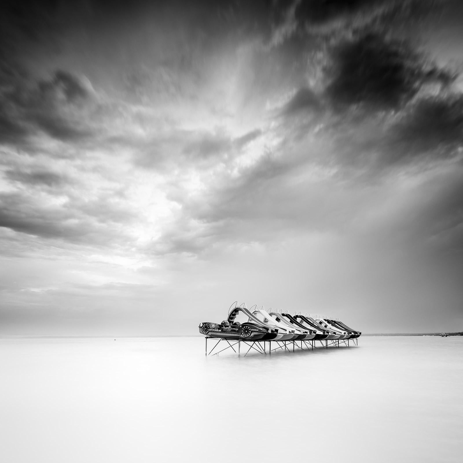 Gerald Berghammer Black and White Photograph - Pedal Boat, storm, Balaton, Hungary, black and white lakescape art photography