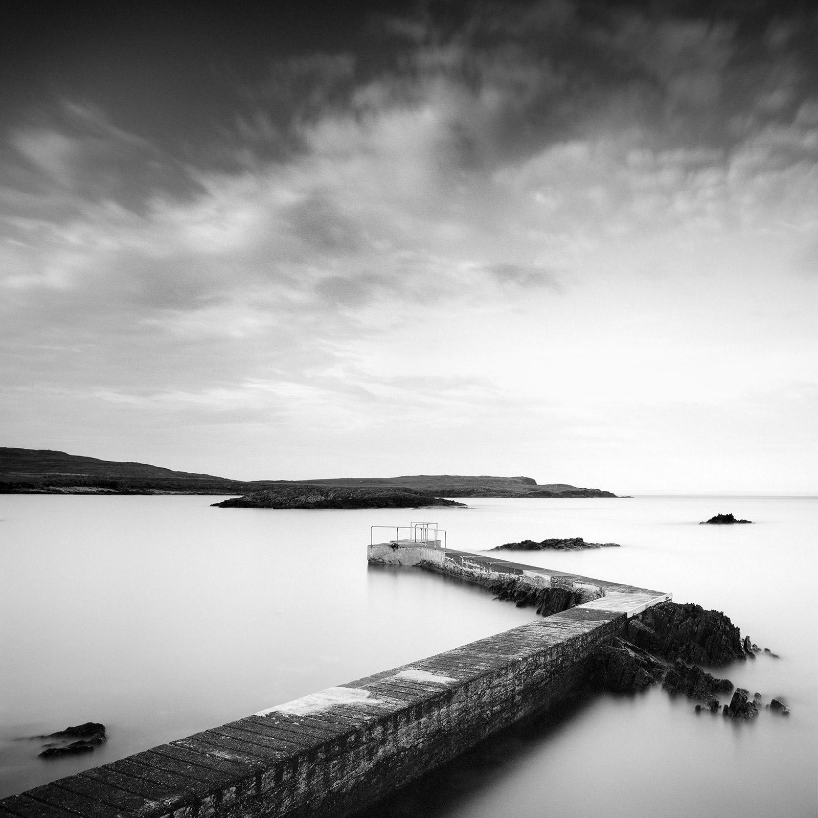 Pier, bay, shoreline, Ireland, black and white waterscape photography art print