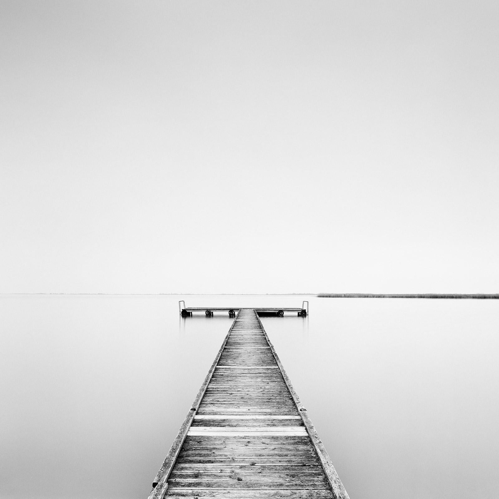 Gerald Berghammer Landscape Photograph - Pier, foggy morning, minimalist black white, photography, fine art landscape