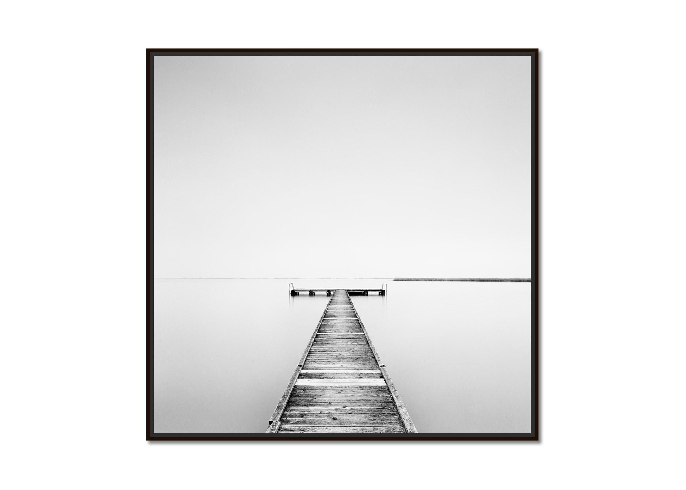 Pier, foggy morning, minimalist black white, photography, fine art landscape - Photograph by Gerald Berghammer