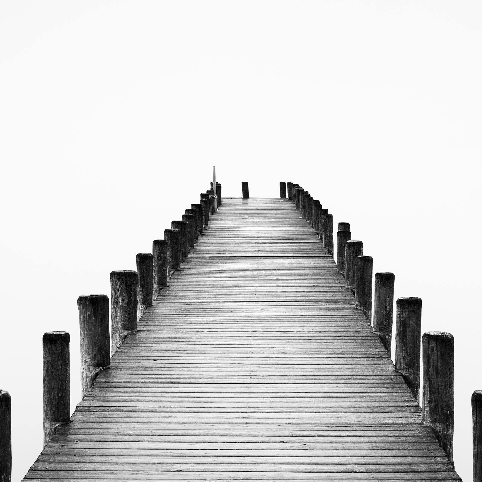 Pier on misty Lake Panorama, black and white long exposure waterscape art photo For Sale 4