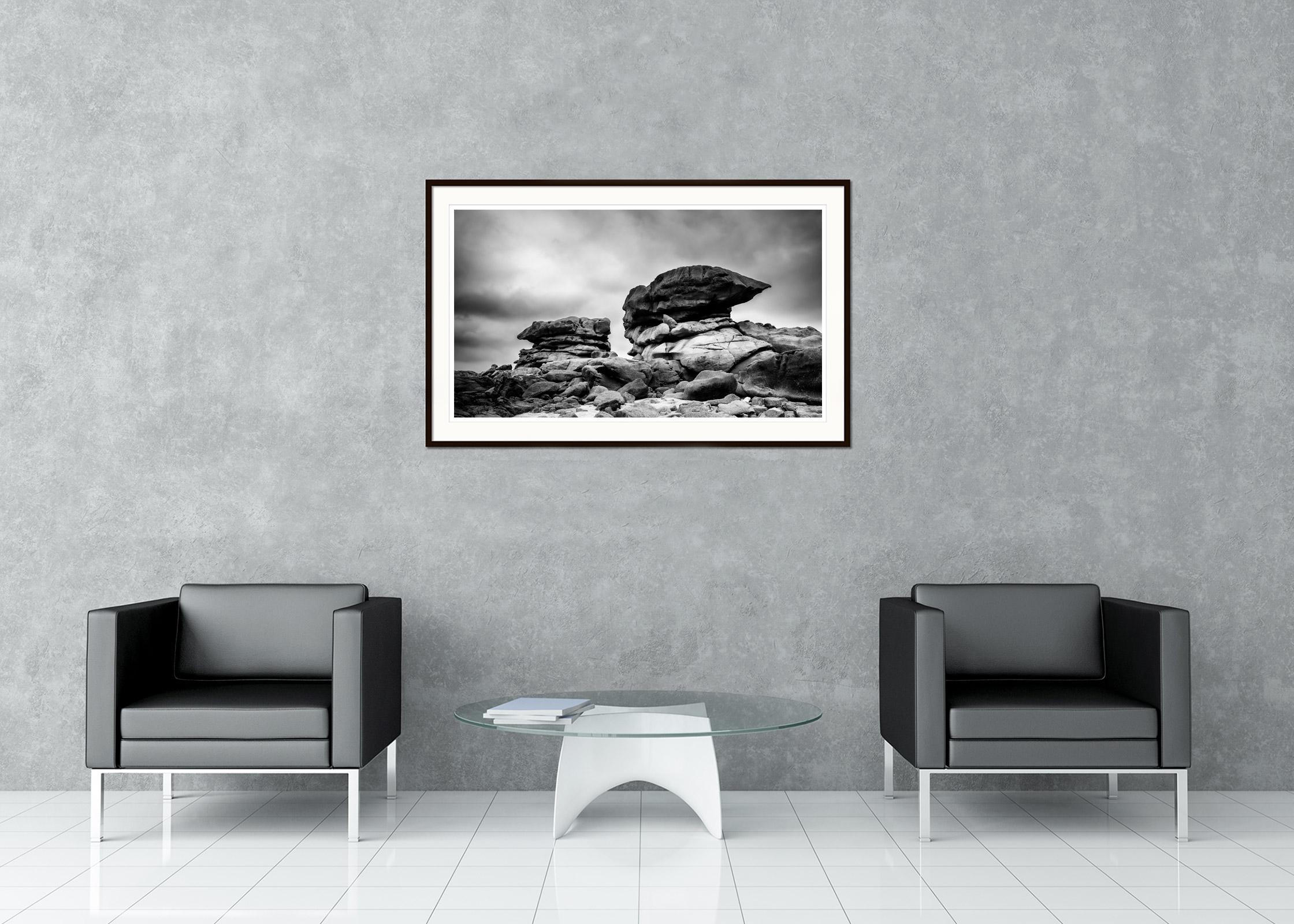 Pink Granite Coast, panorama, giant rock, France, fine art landscape photography - Gray Black and White Photograph by Gerald Berghammer