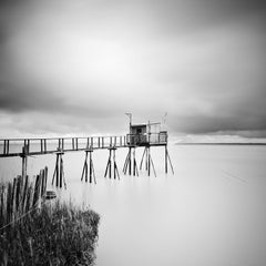 Stilt House PK 53880, Fishing, France, black and white waterscape photography