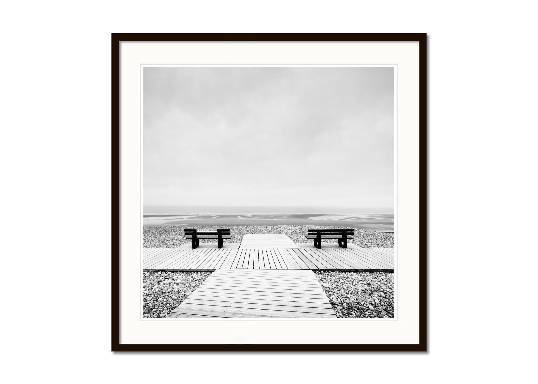 Place to Linger, Deserted Beach, minimalist landscape, monochrome, limited - Gray Landscape Photograph by Gerald Berghammer