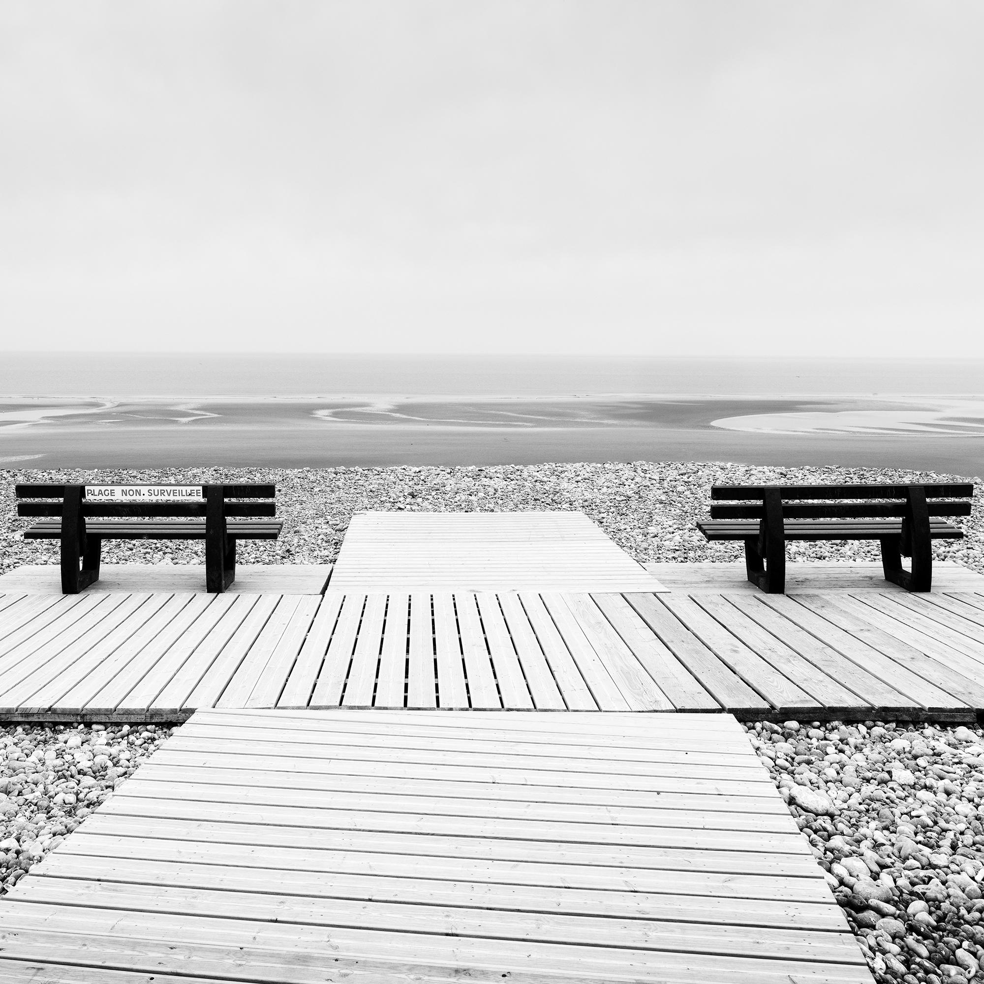 Place to Linger, benches, deserted beach, black white fine art landscape print For Sale 3