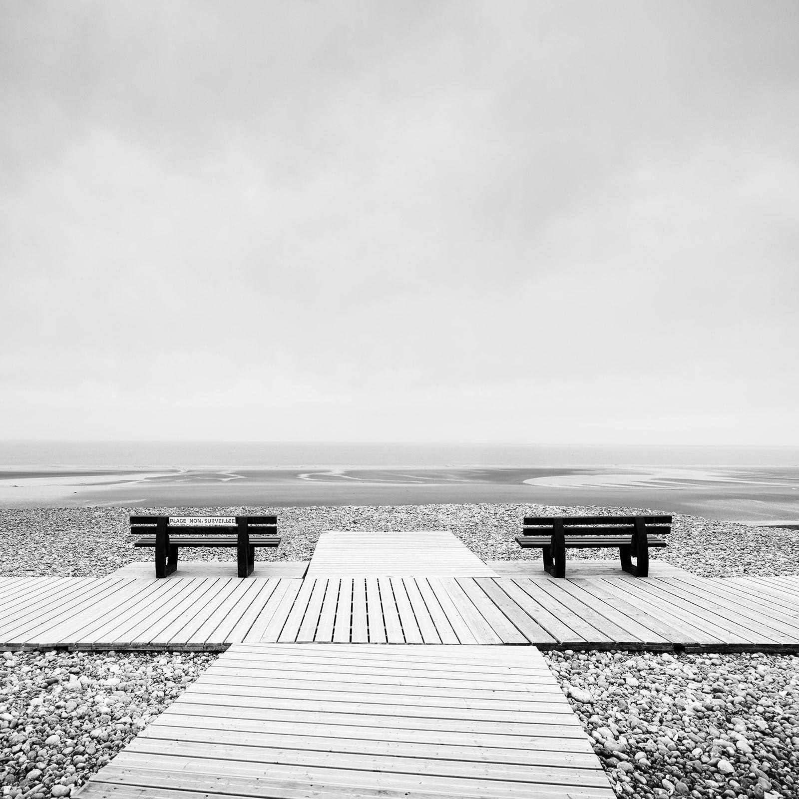 Gerald Berghammer Landscape Print - Place to Linger, benches, deserted beach, black white fine art landscape print