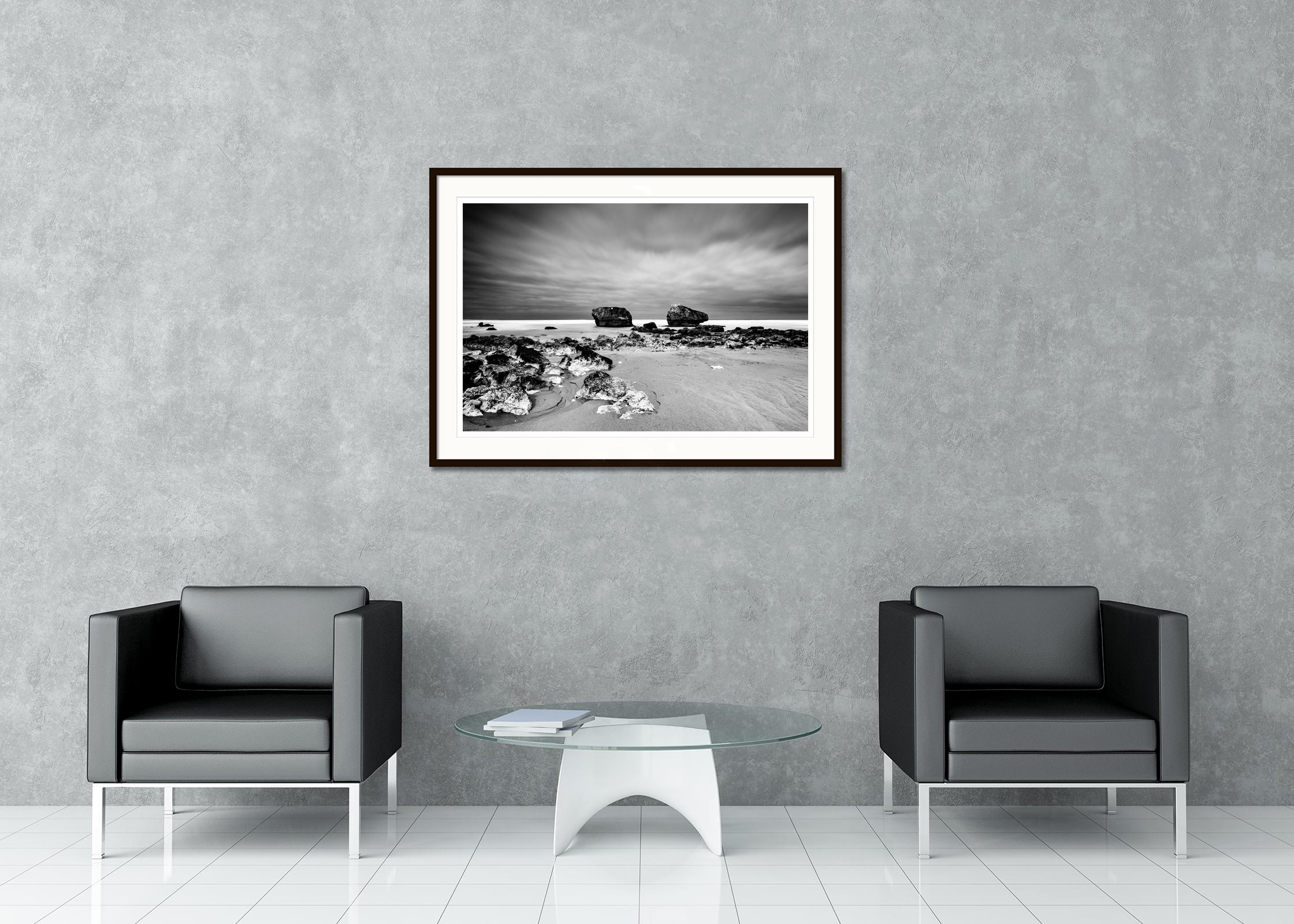 Black and white fine art panorama waterscape - landscape photography. Giant rocks on the sandy beach of the Atlantic coast in France. Archival pigment ink print, edition of 8. Signed, titled, dated and numbered by artist. Certificate of authenticity