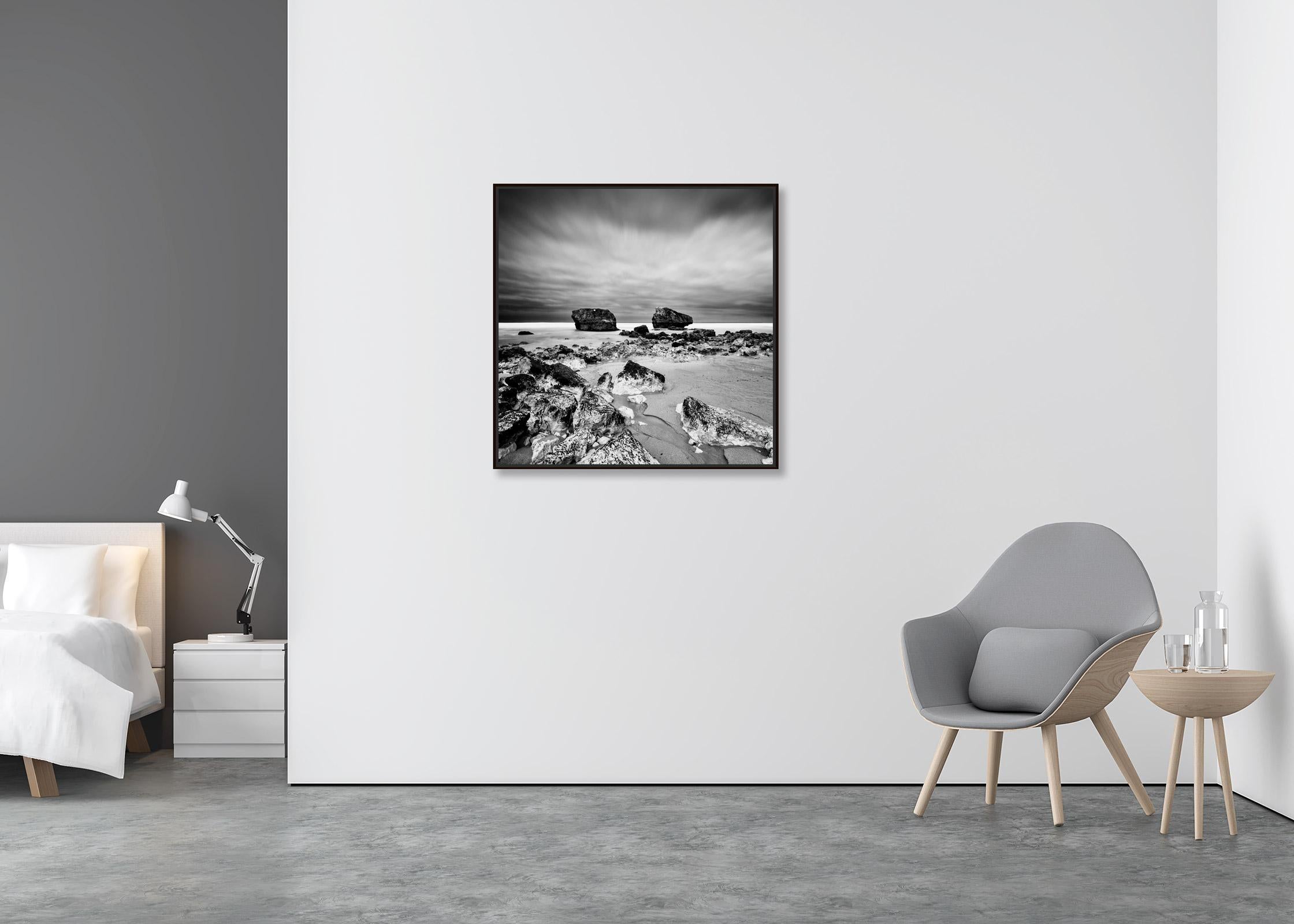 Point de vue, rocky beach, stormy, France, black and white landscape photography - Contemporary Photograph by Gerald Berghammer