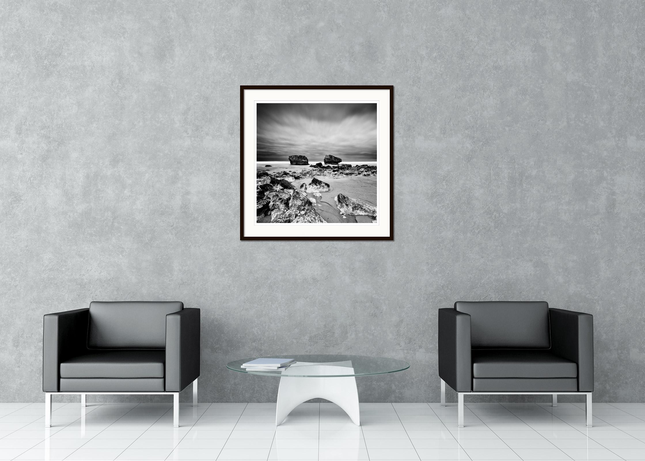 Point de vue, rocky beach, stormy, France, black and white landscape photography For Sale 1