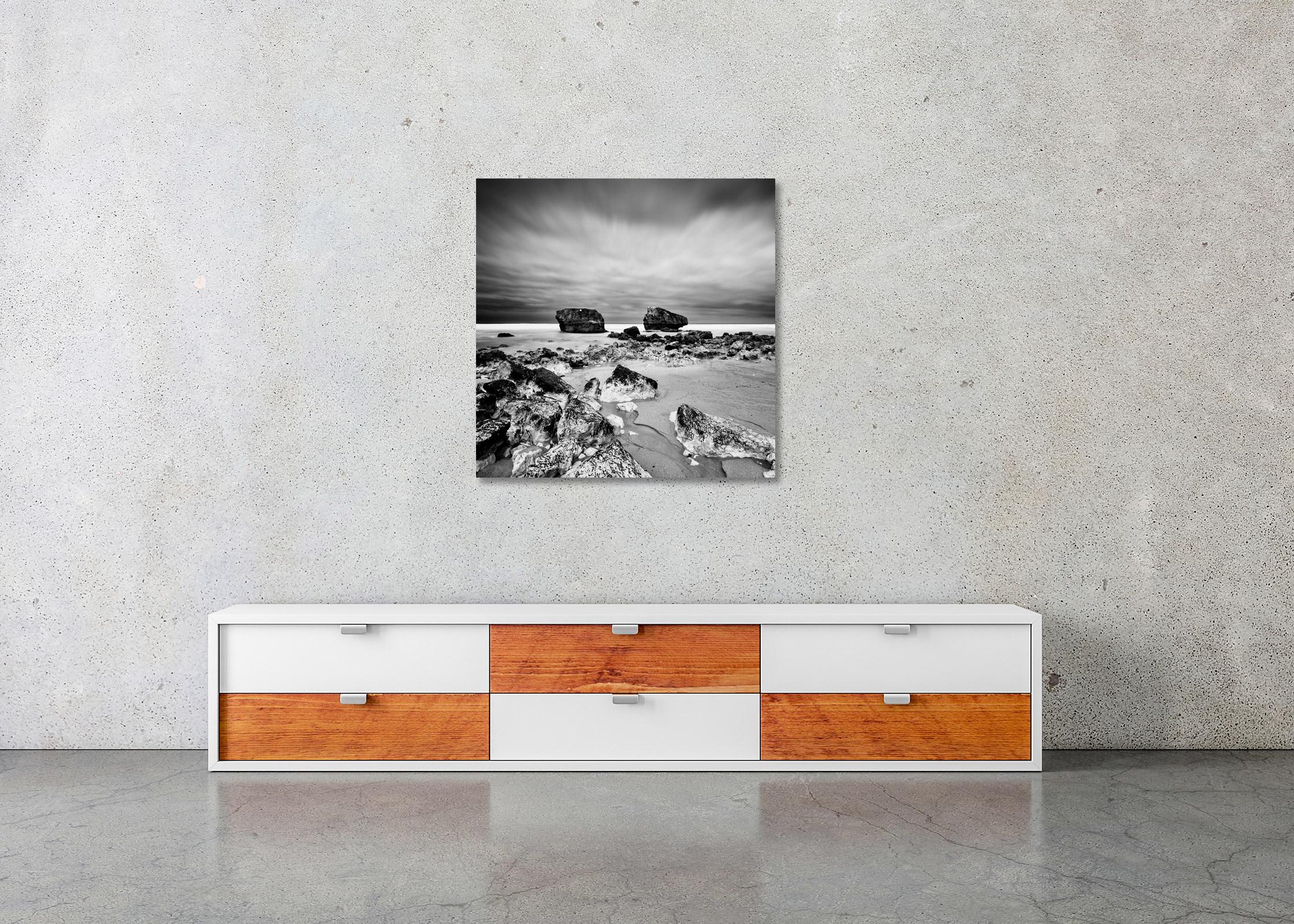 Point de vue, rocky beach, stormy, France, black and white landscape photography For Sale 3