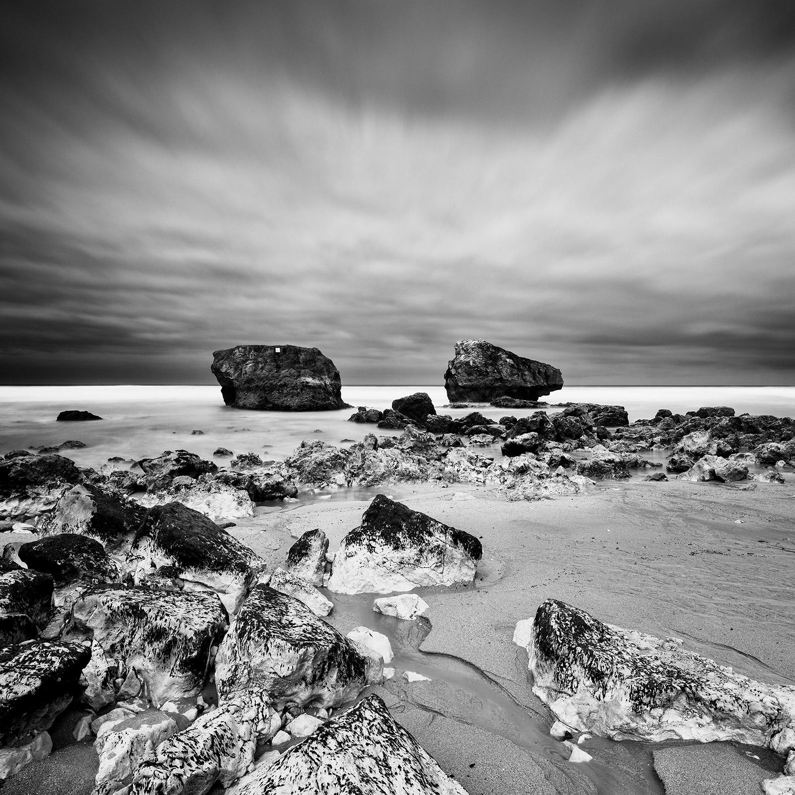 Gerald Berghammer Landscape Photograph - Point de vue, rocky beach, stormy, France, black and white landscape photography