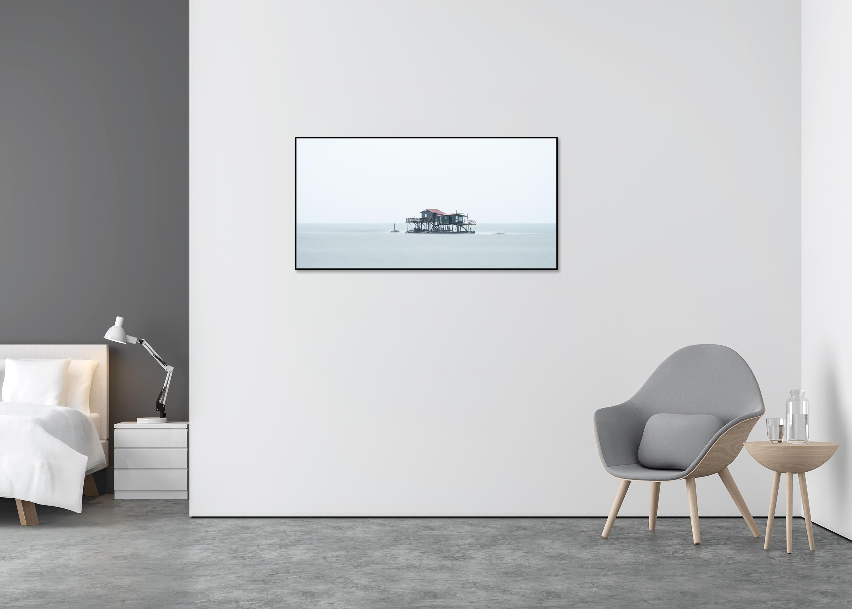Retoni, Fishermans hut in the middle of nowhere - panorama color photography - Gray Landscape Photograph by Gerald Berghammer