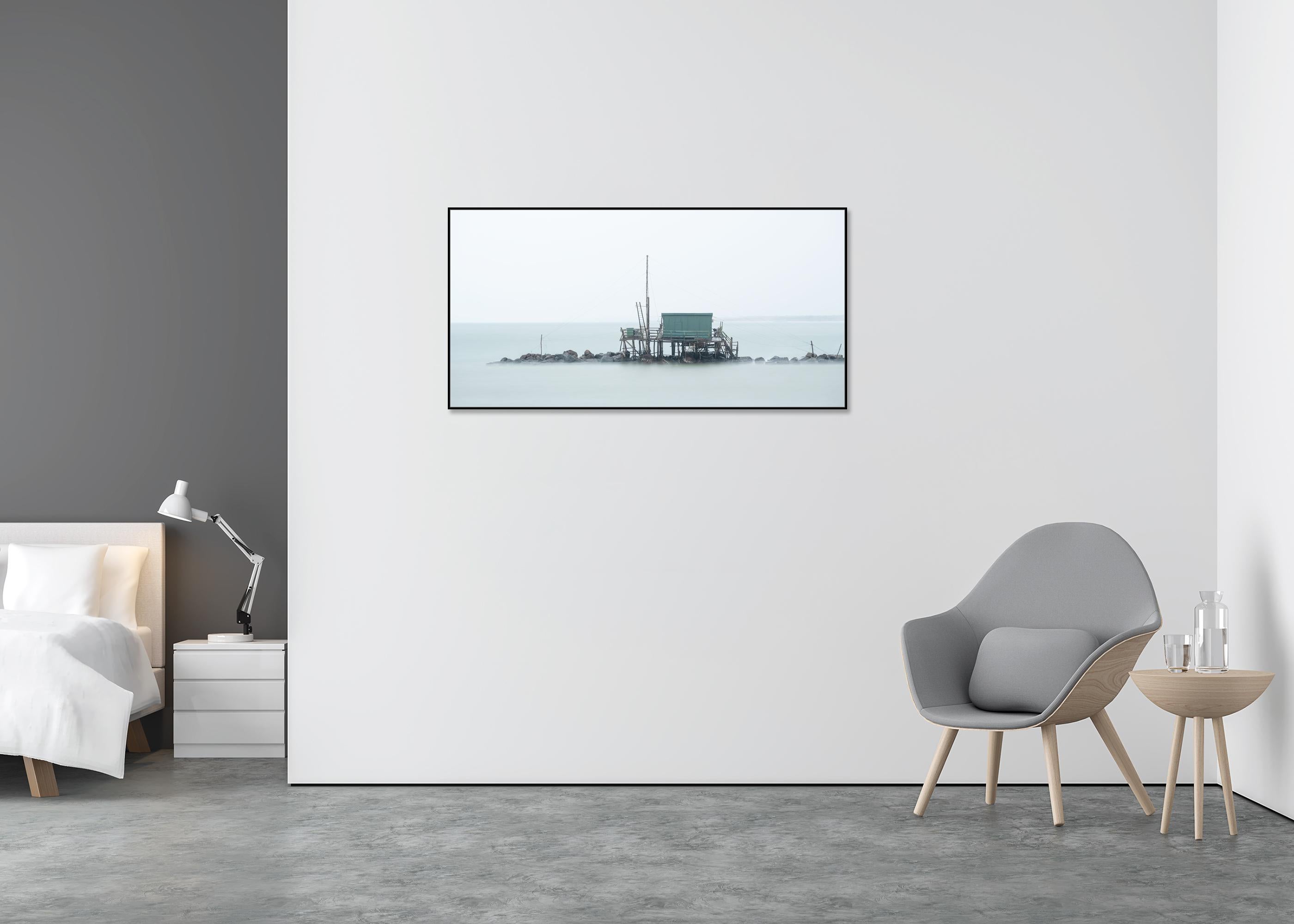 Retoni, seascape, fishing hut, panorama - large color photography, seascape - Gray Color Photograph by Gerald Berghammer