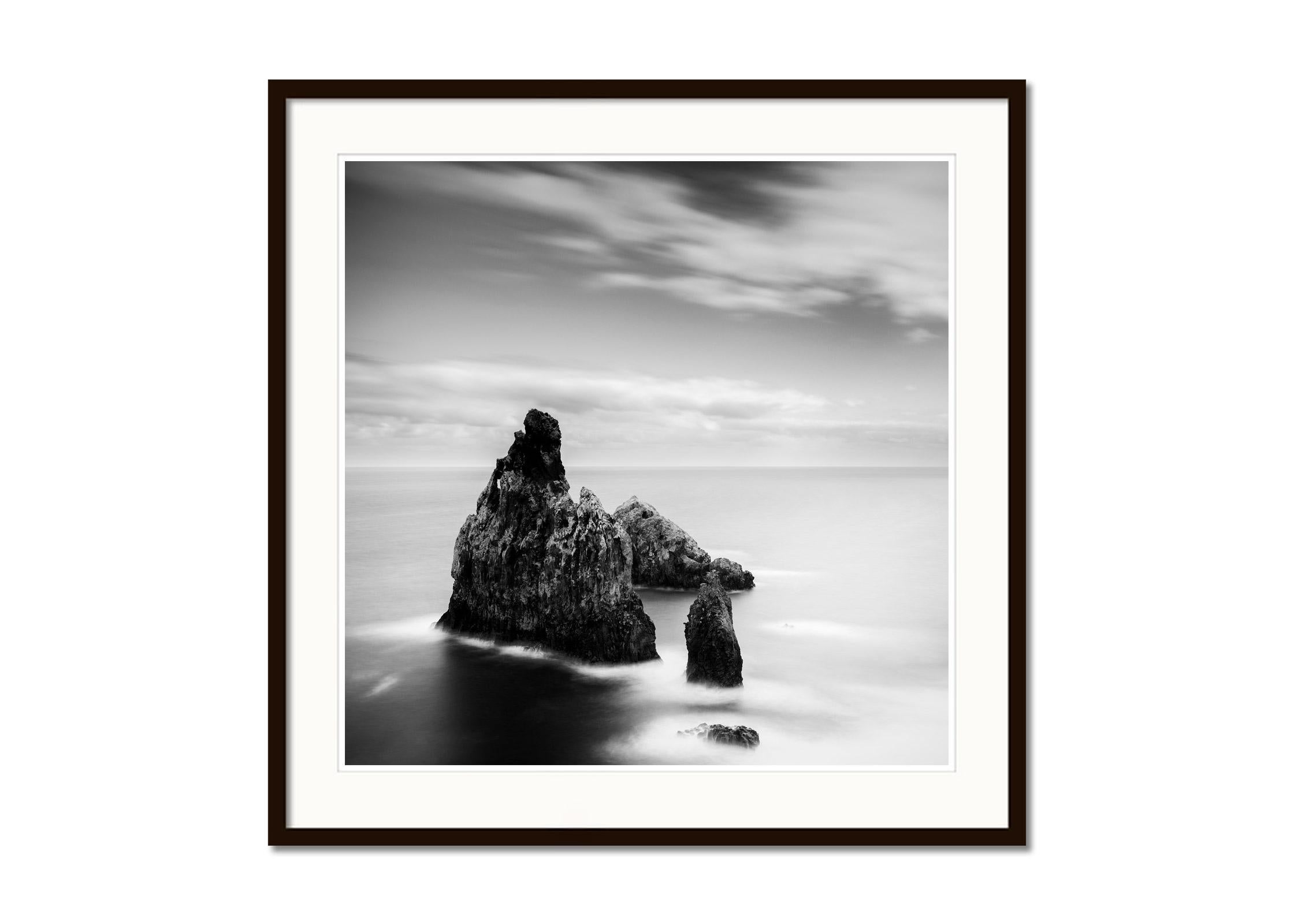 Ribeira da Janela Rocks, shoreline, black and white art waterscape photography - Gris Landscape Photograph par Gerald Berghammer