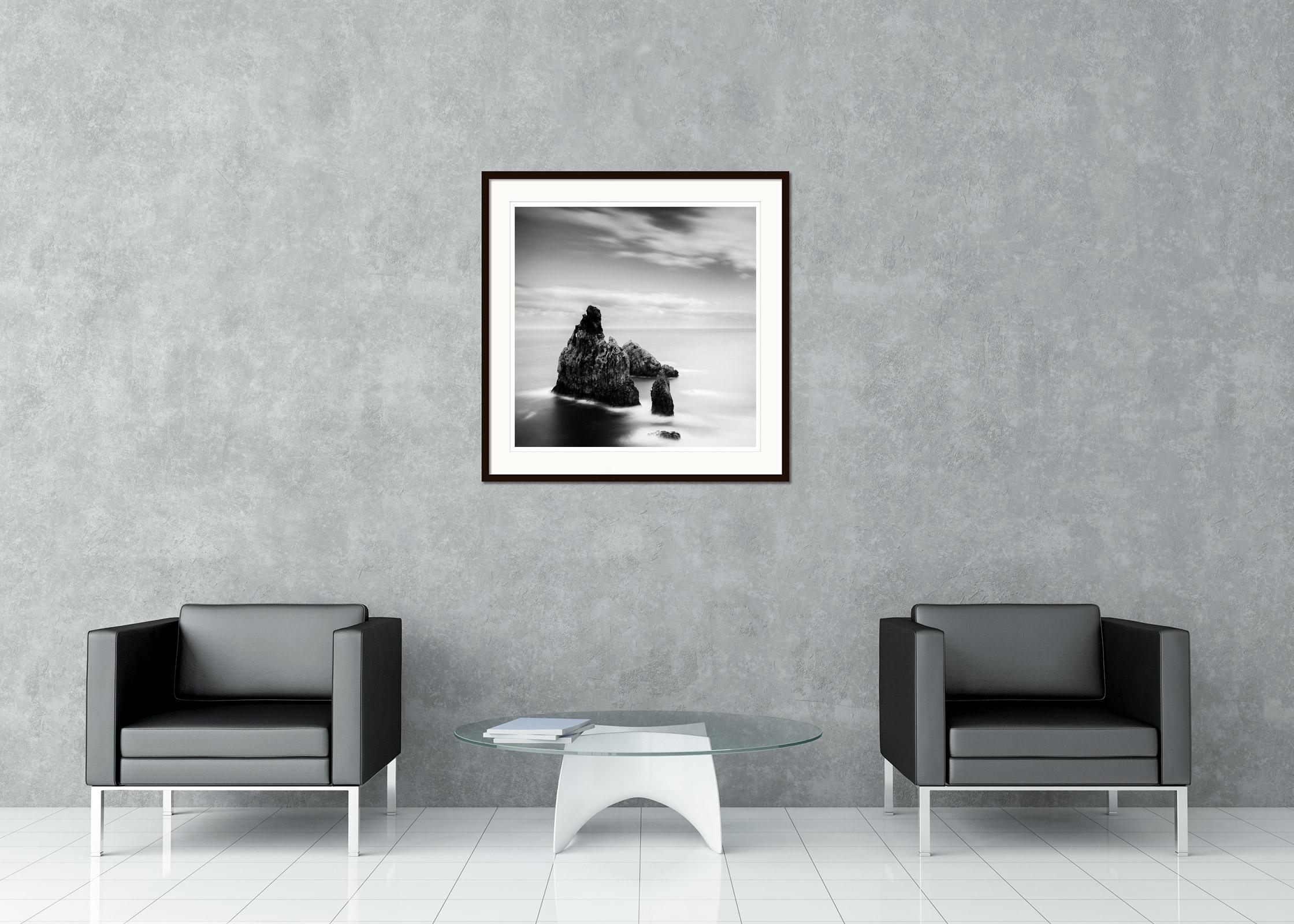 Black and White Fine Art landscape photography. Volcanic rocks in the sea at a beautiful bay on the island of madeira, Portugal. Archival pigment ink print, edition of 7. Signed, titled, dated and numbered by artist. Certificate of authenticity