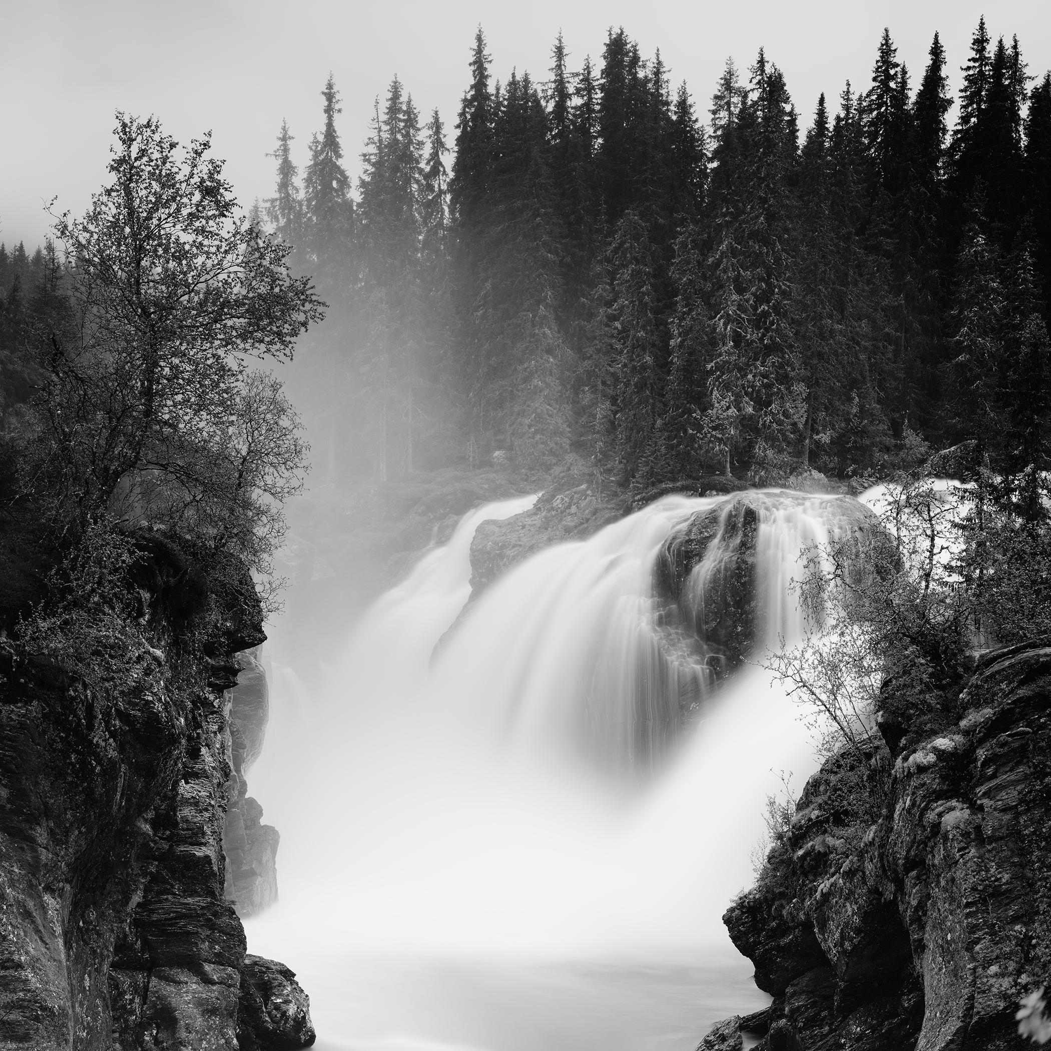 Gerald Berghammer Black and White Photograph - Rjukandefossen Waterfall, Forest, Norway